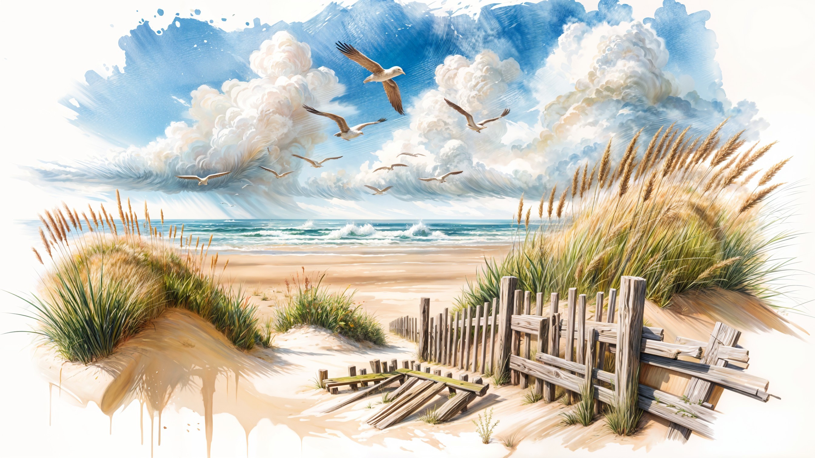 Serene Beach Scene with Golden Sands and Blue Sky