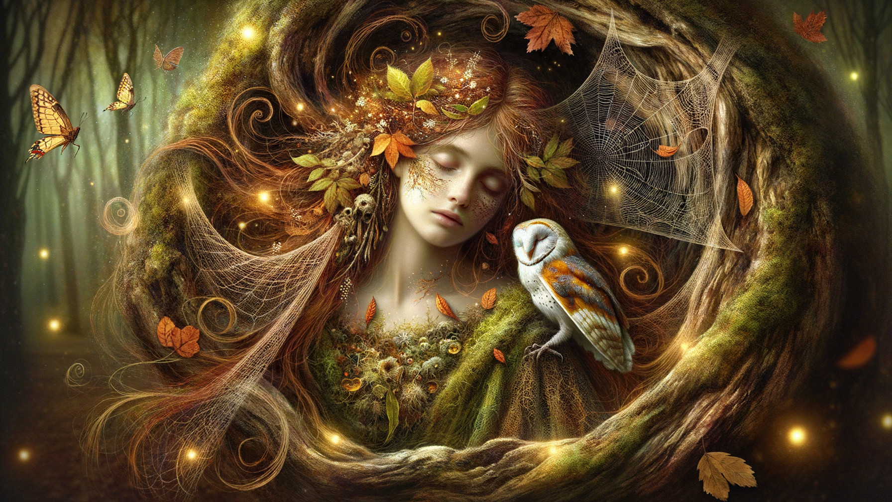 Ethereal Figure in Autumn Leaves and Woodland Setting