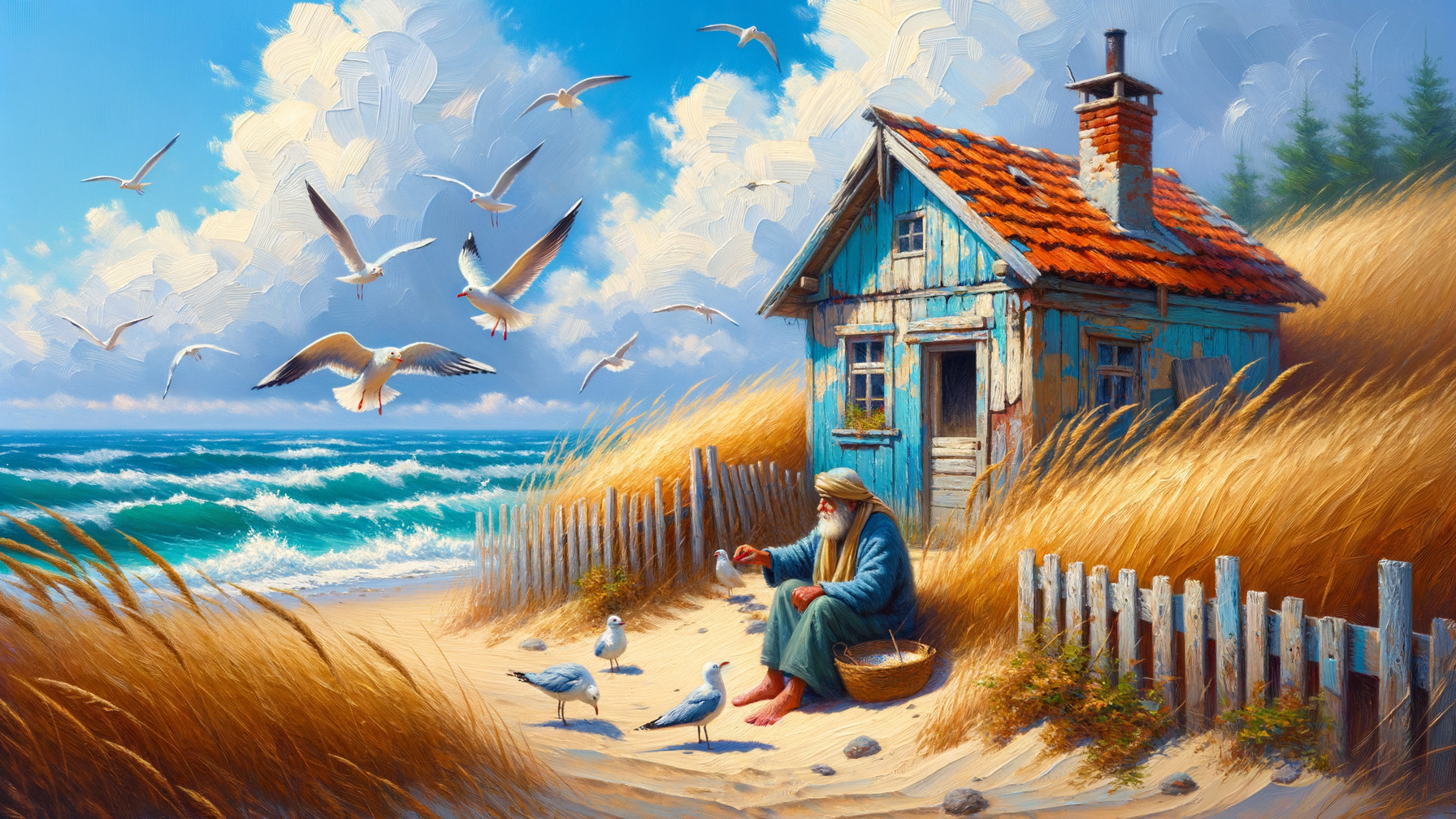 Coastal Scene with Cottage and Seagulls by the Shore