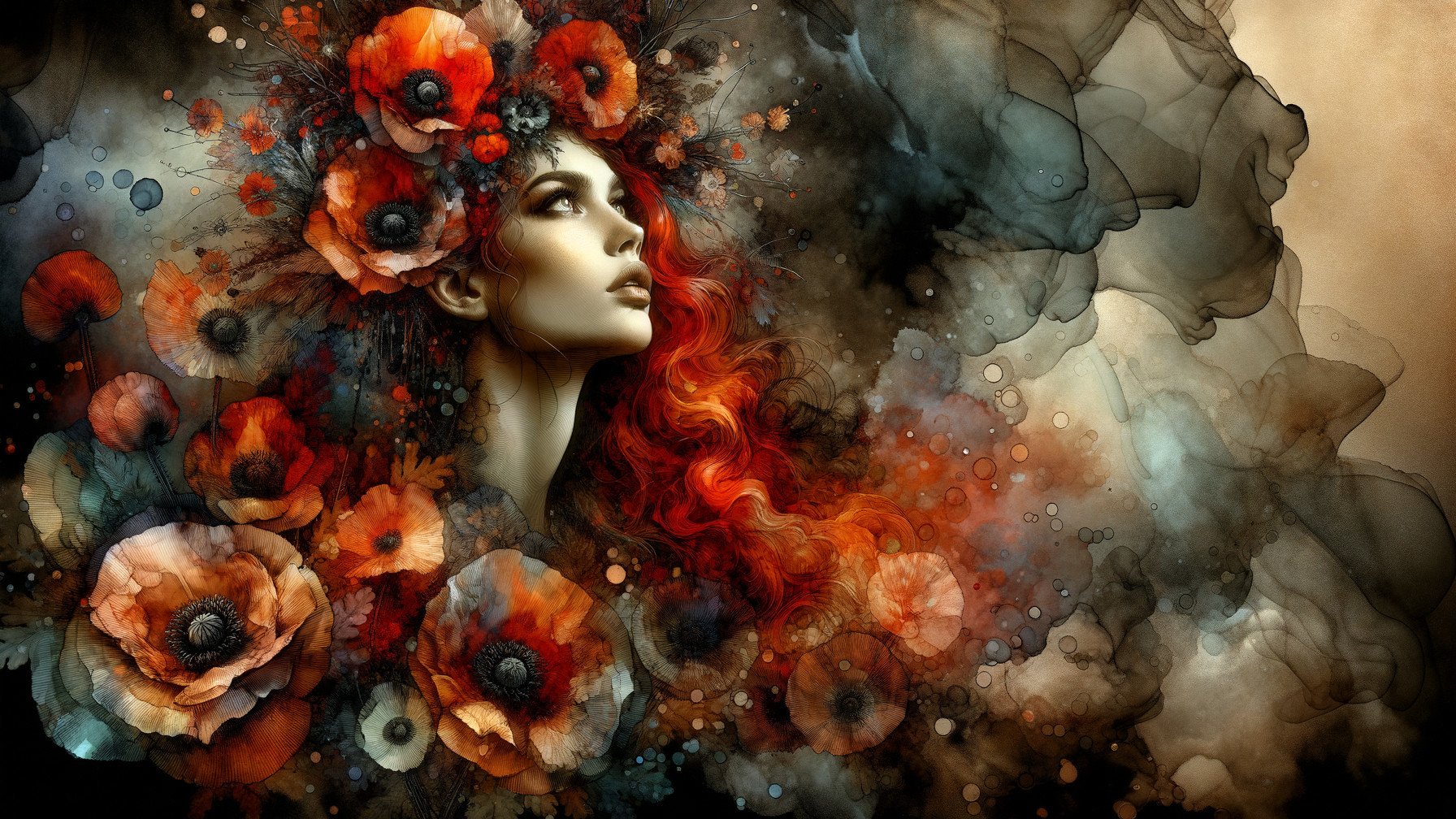 Ethereal Woman with Red Hair Among Vibrant Flowers