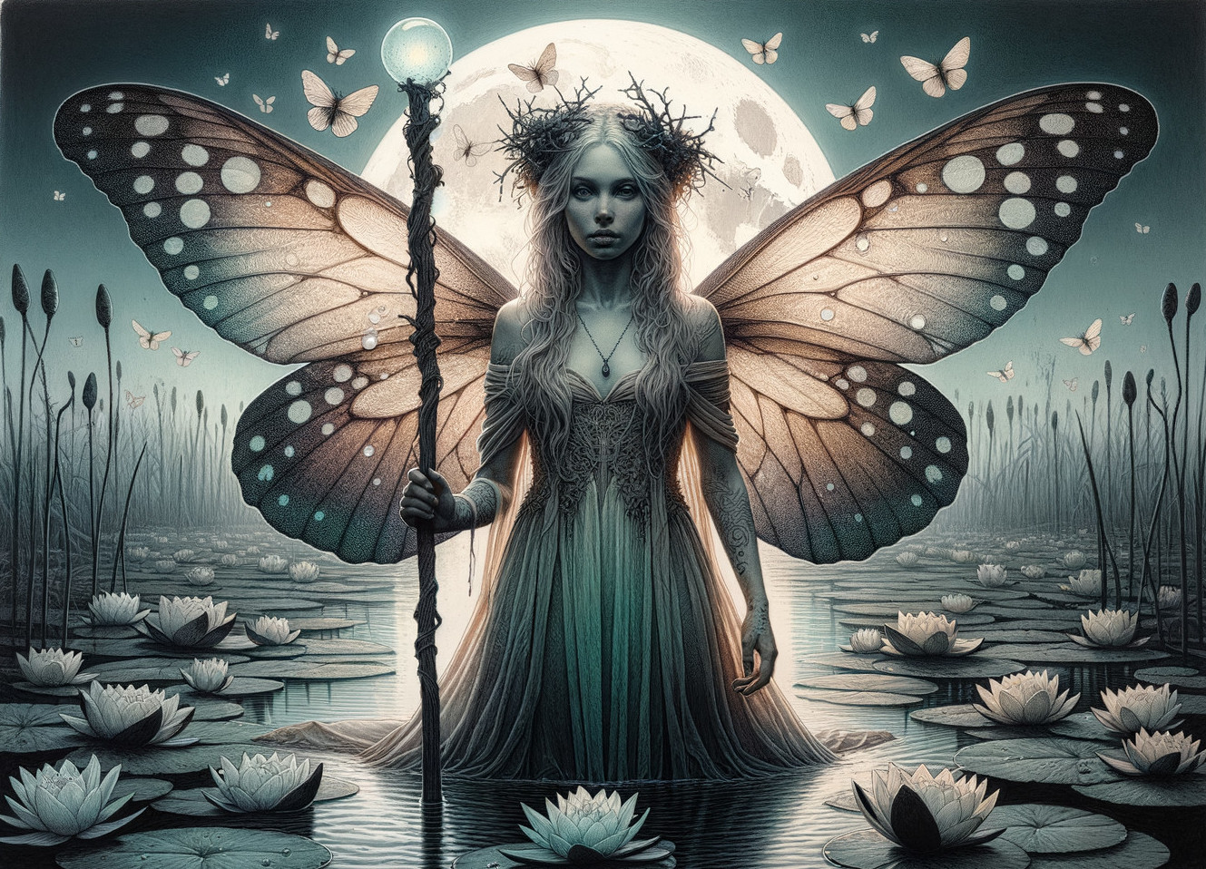Mystical figure with butterfly wings in serene pond