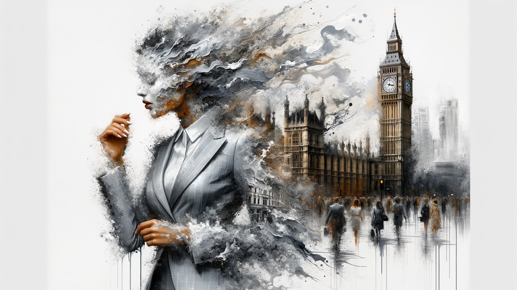 Grayscale Digital Painting of Woman and Parliament Scene