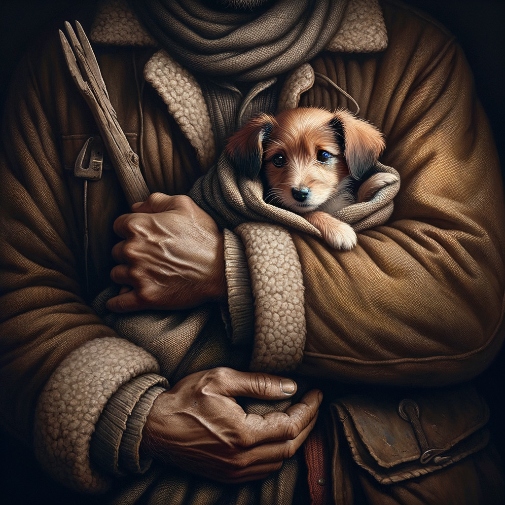 Rugged figure with puppy in warm, rustic setting