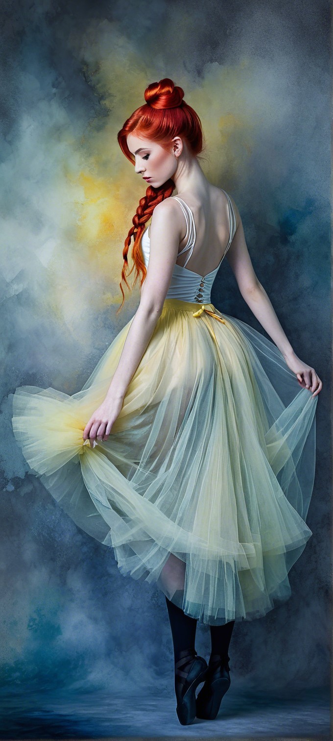 Young Woman in Yellow Gown with Red Hair in Dreamy Scene