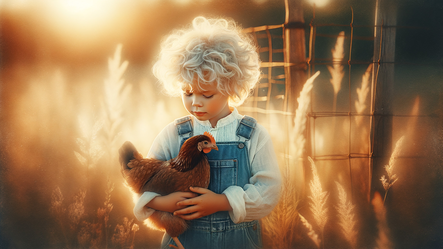 Child in blue overalls holding a chicken in sunlight
