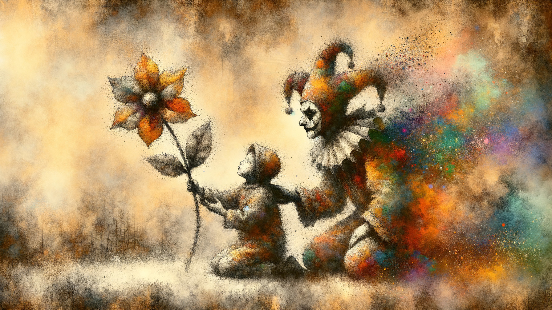 Textured Digital Painting of Jester and Child in Sepia