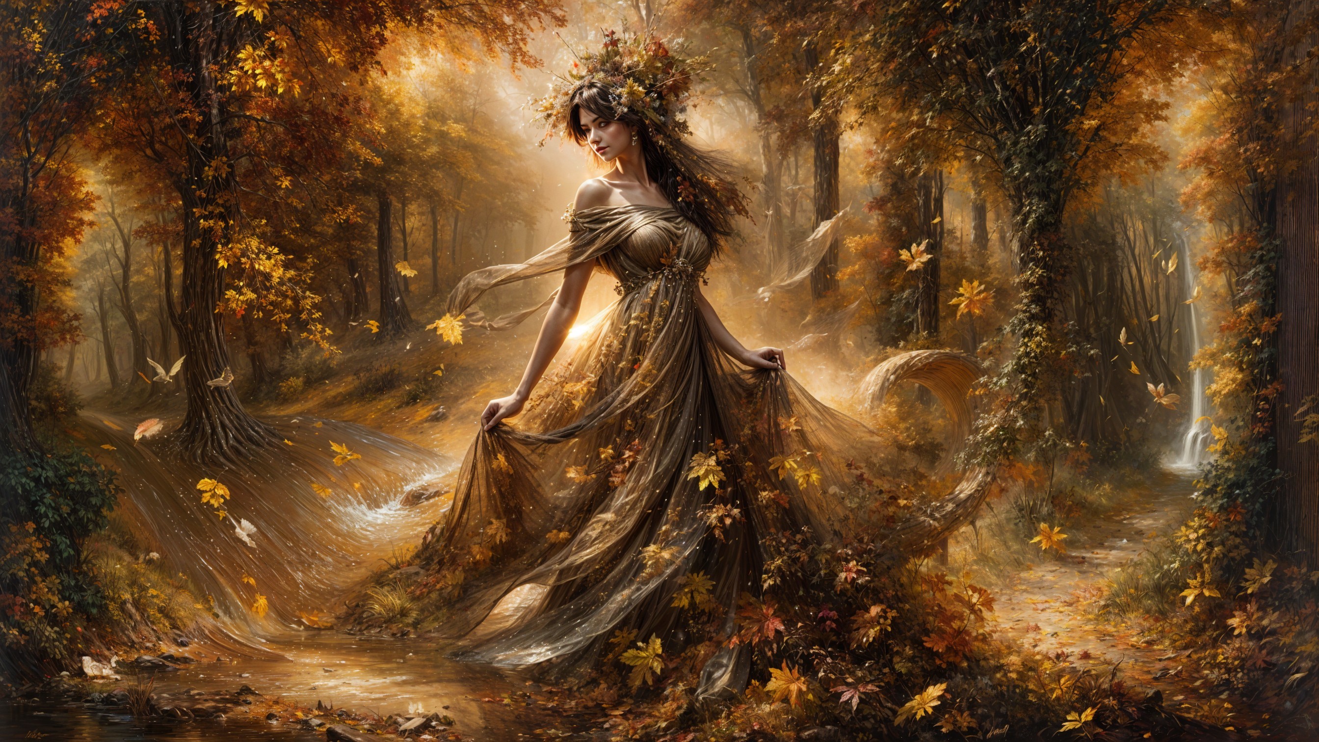 Autumn Figure in Golden-Brown Gown Among Leaves