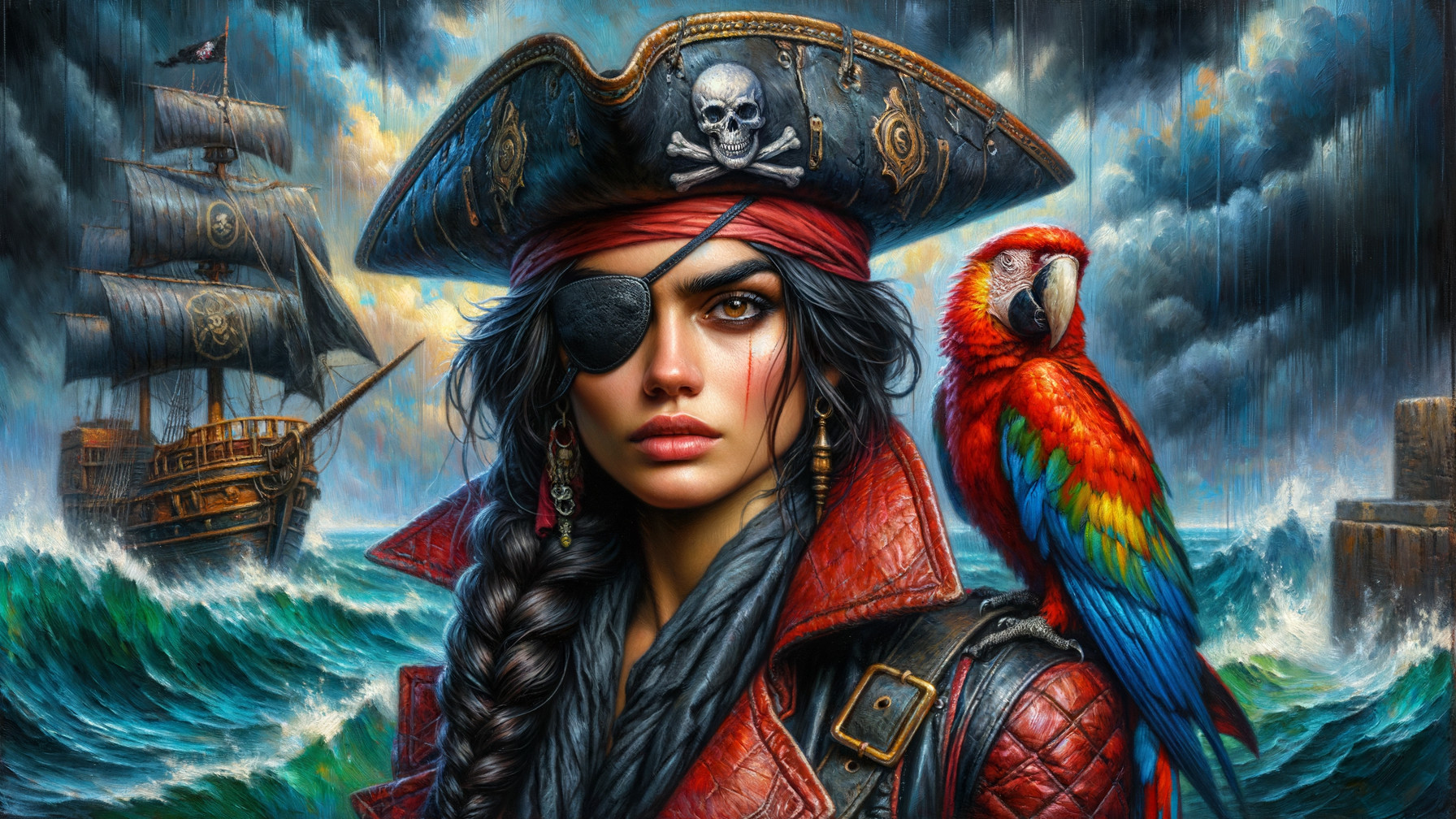 Fierce Female Pirate with Tricorn Hat and Parrot