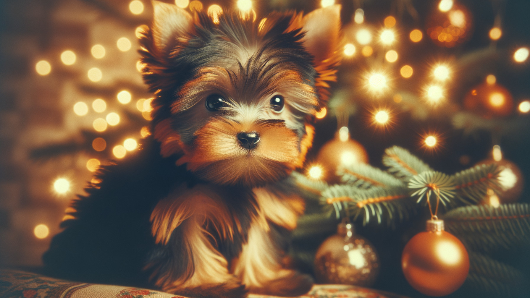 Yorkshire Terrier by a Decorated Christmas Tree