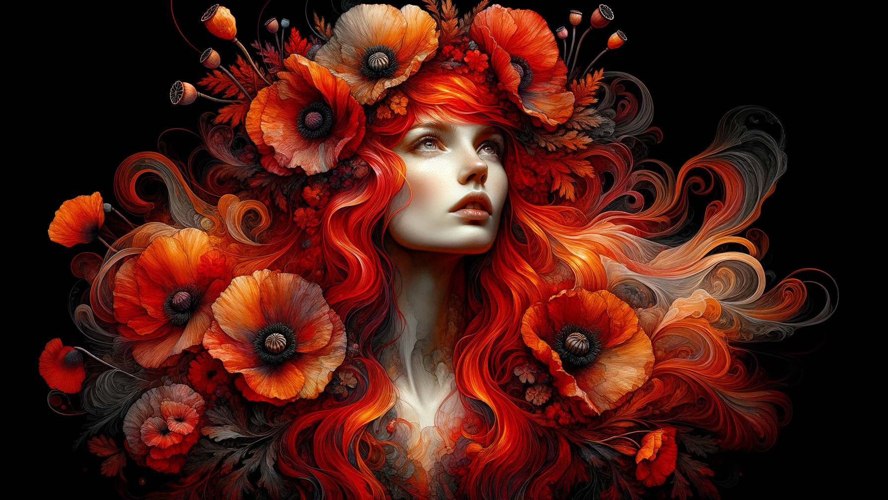 Portrait of a woman with red hair and poppy flowers