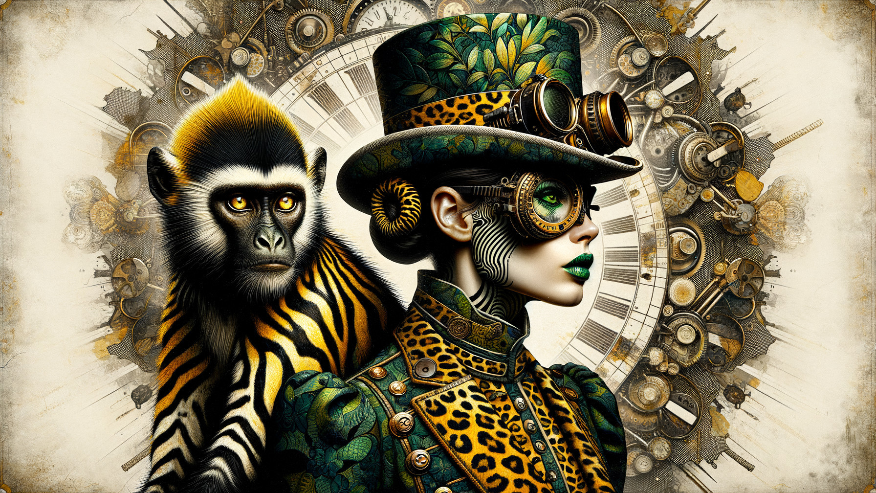 Steampunk Woman in Green and Gold with Monkey Companion