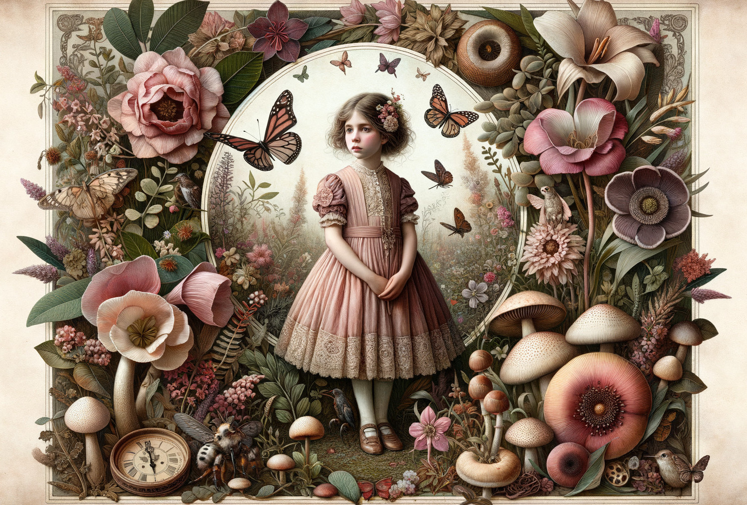 Young Girl in Floral Scene with Vintage Dress
