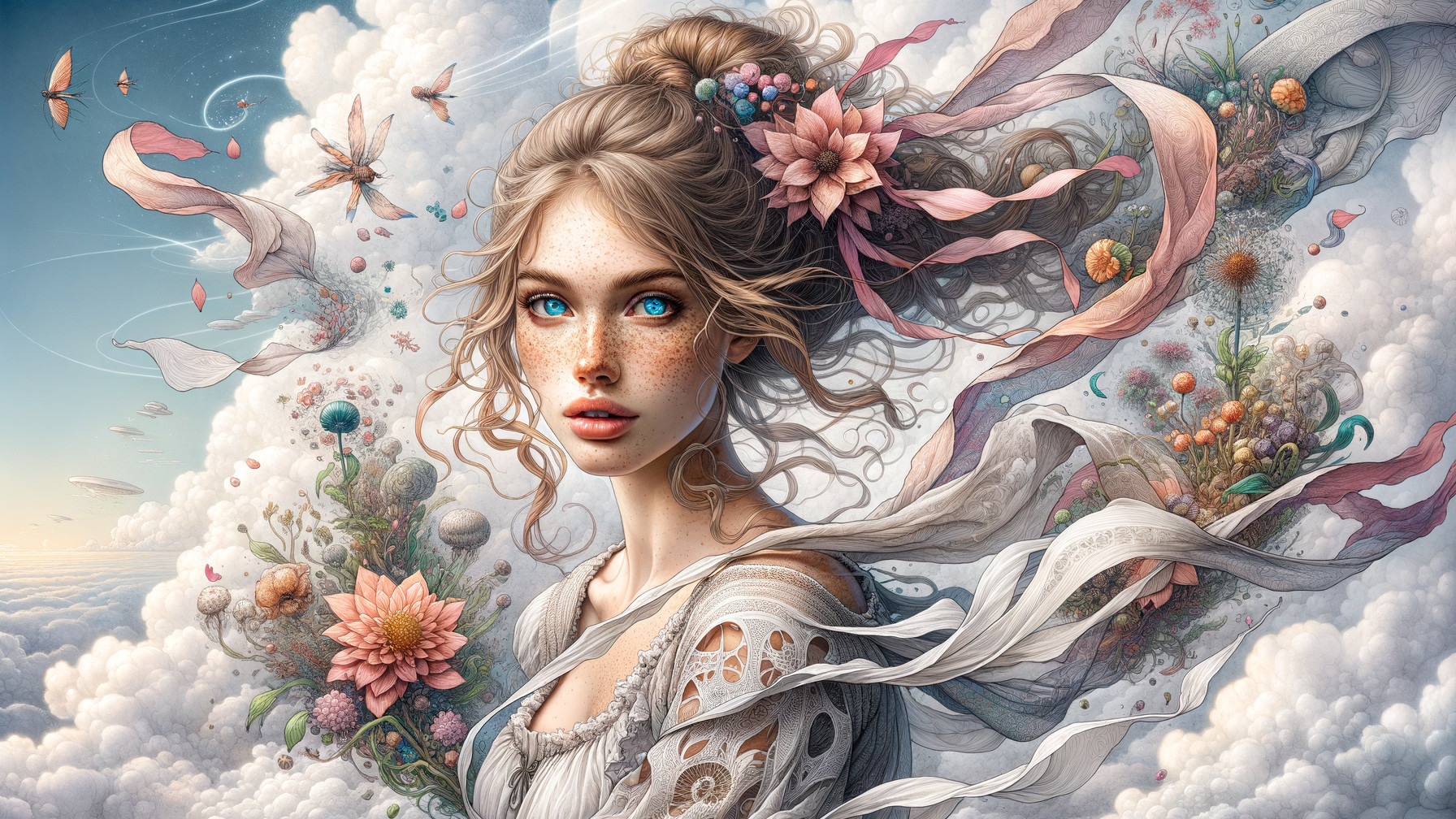 Young woman with flowers in hair against dreamy backdrop