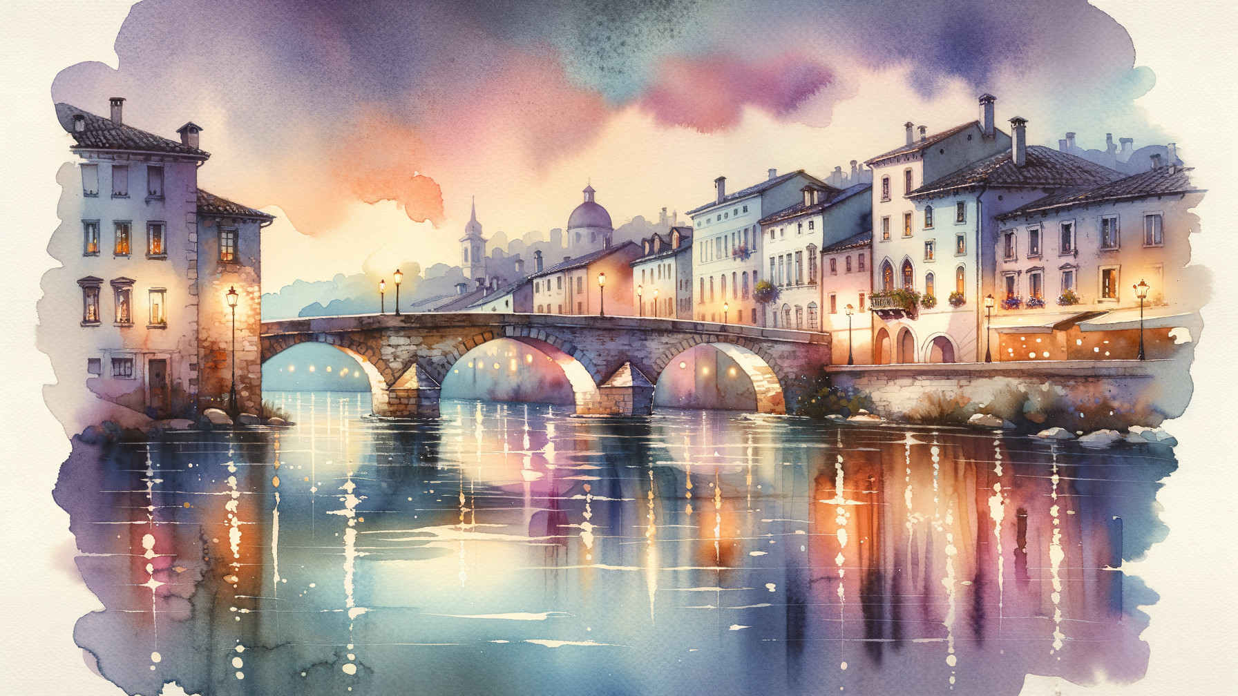 Watercolor Scene of Town by River at Twilight