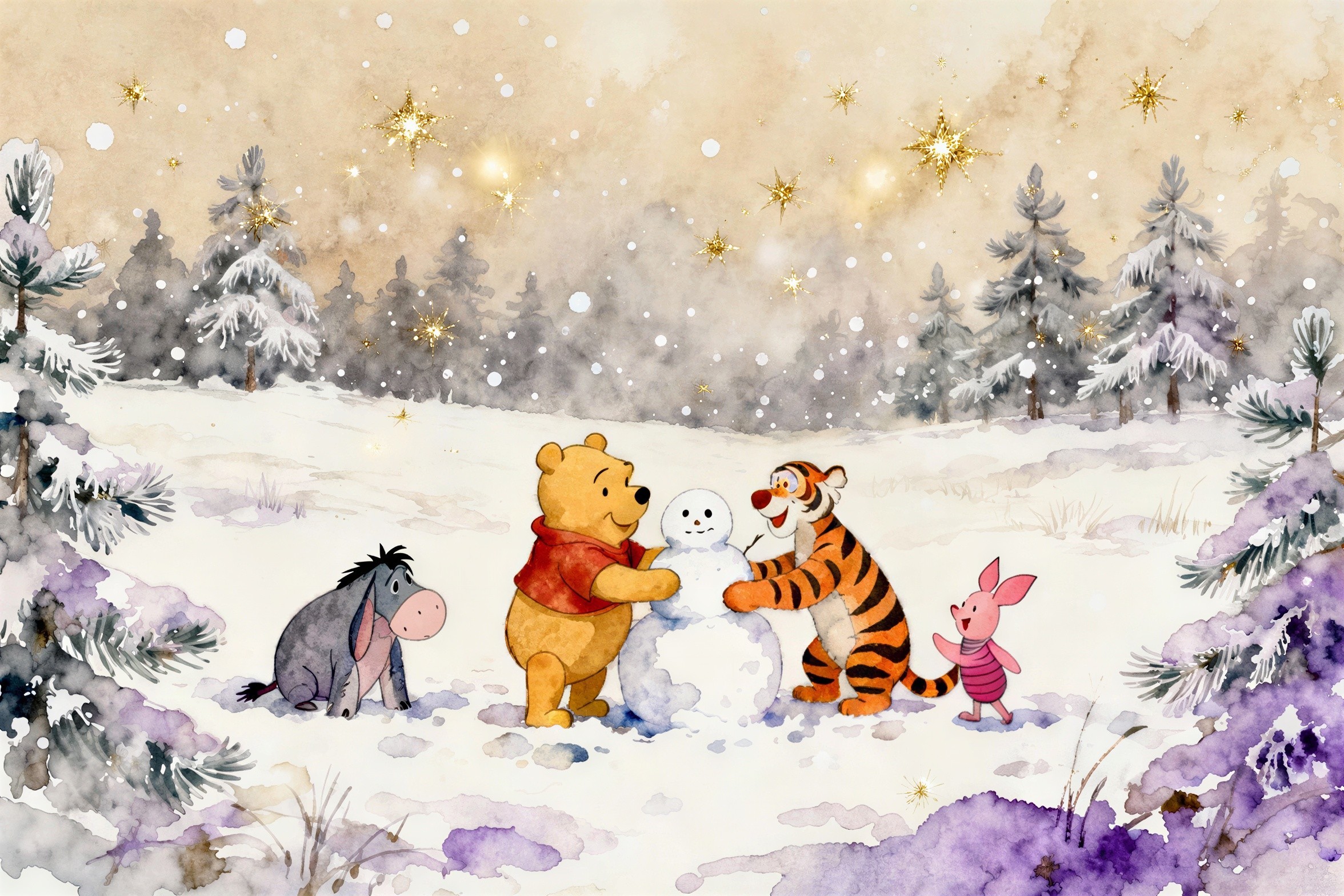 Winnie the Pooh and Friends Build a Snowman in Watercolor