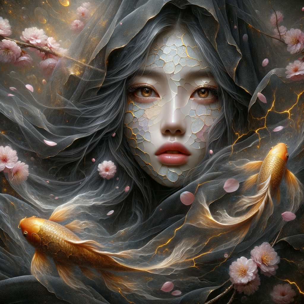 Mysterious Woman with Porcelain Face and Cherry Blossoms