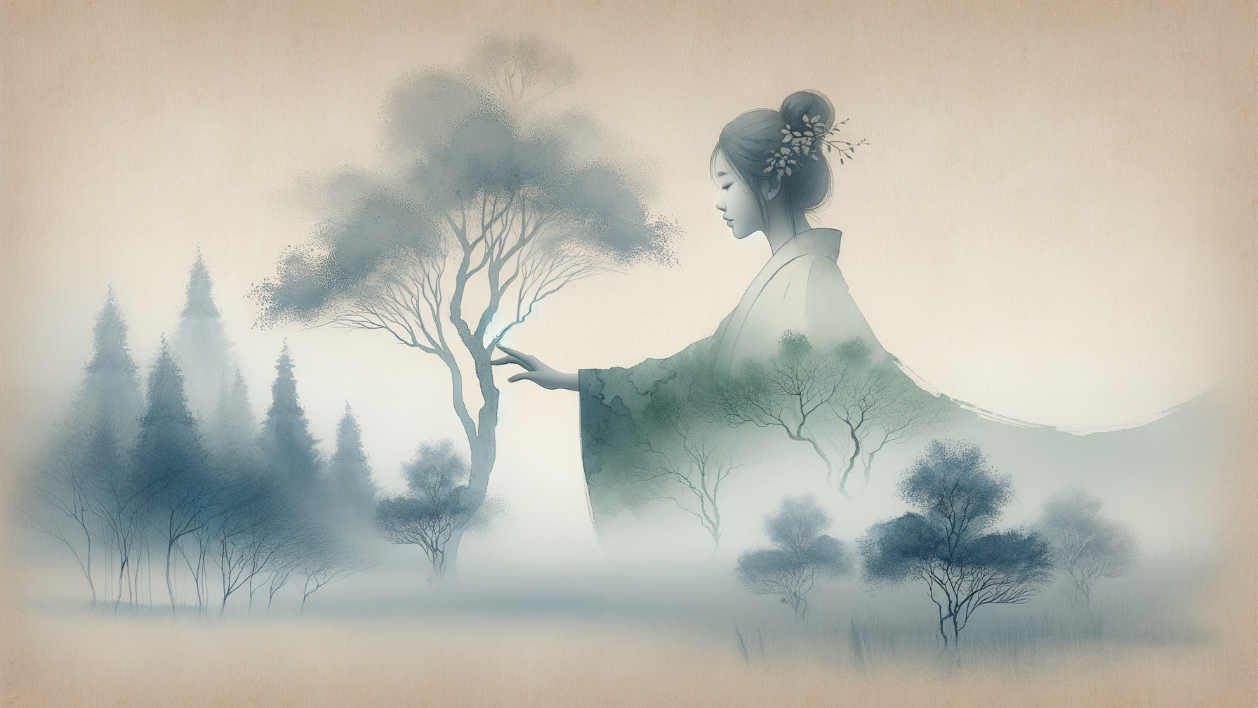Serene Scene of Woman in Traditional Attire and Nature