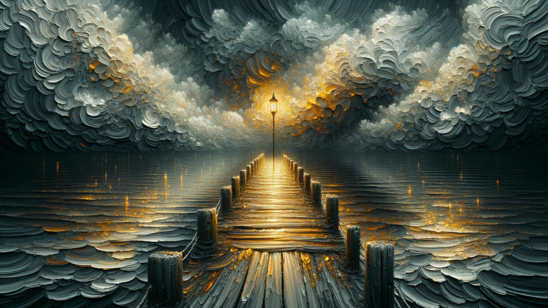 Serene Pier Overlooking Reflective Water and Clouds