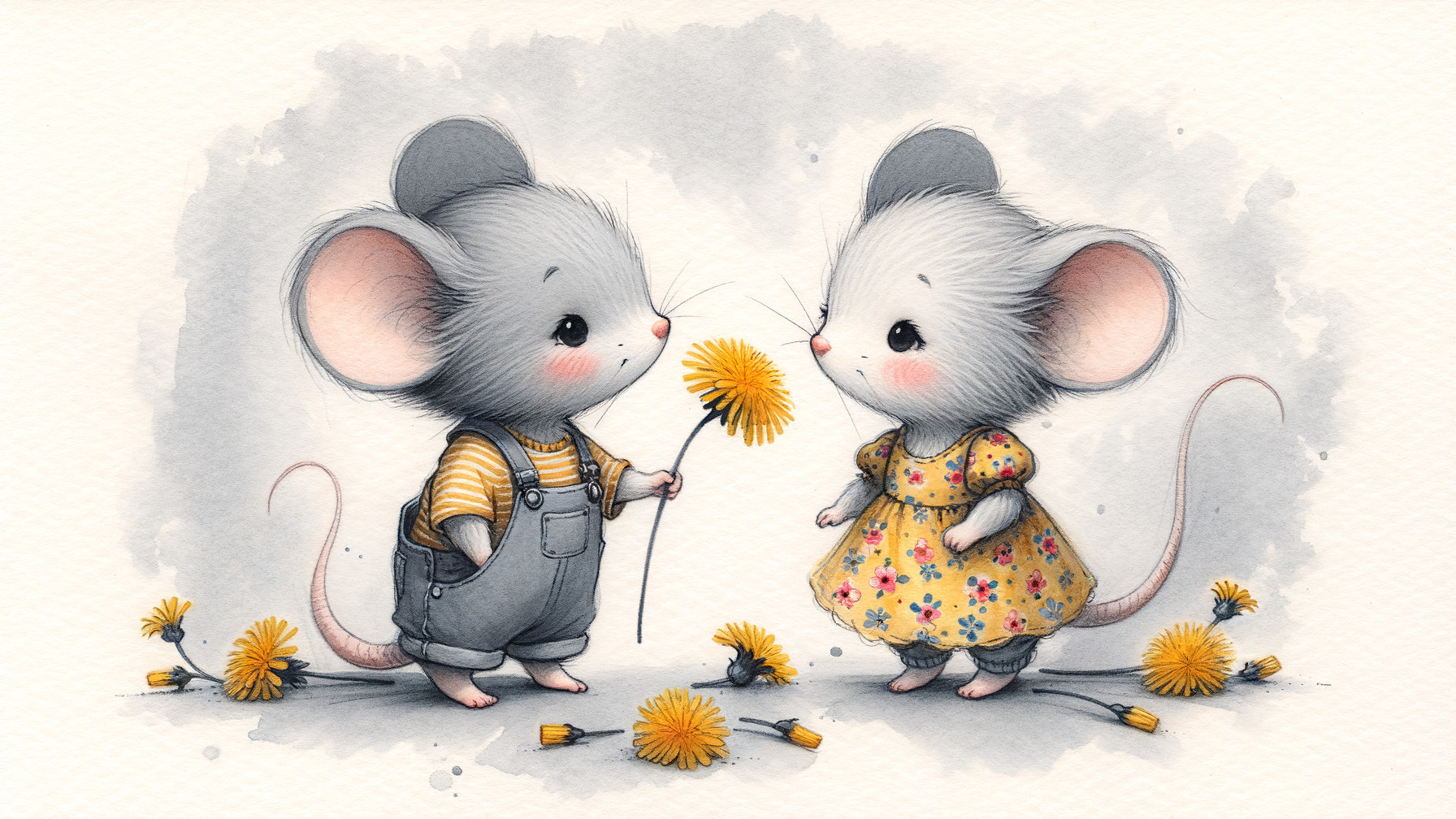 Cartoon Mice in Whimsical Dandelion Scene