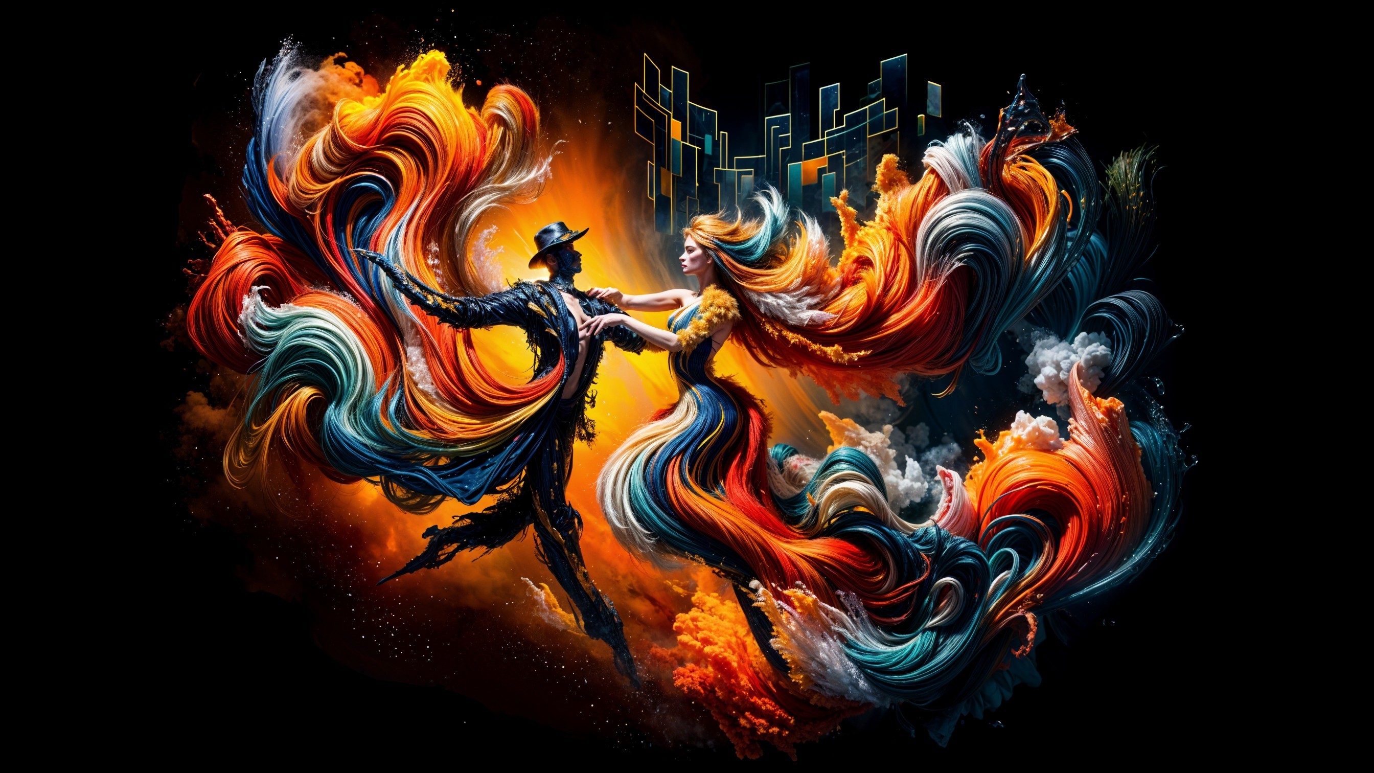 Abstract Illustration of a Couple Dancing in Colorful Hues