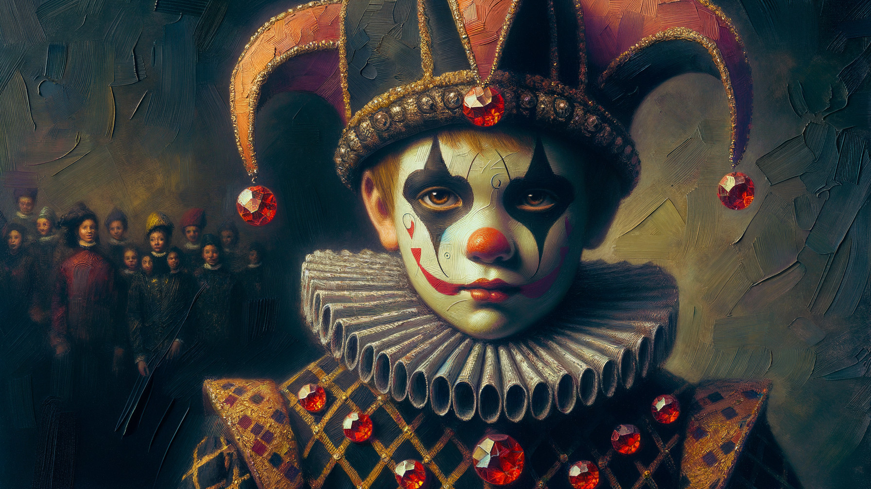 Young Clown in Vibrant Attire with Serious Expression