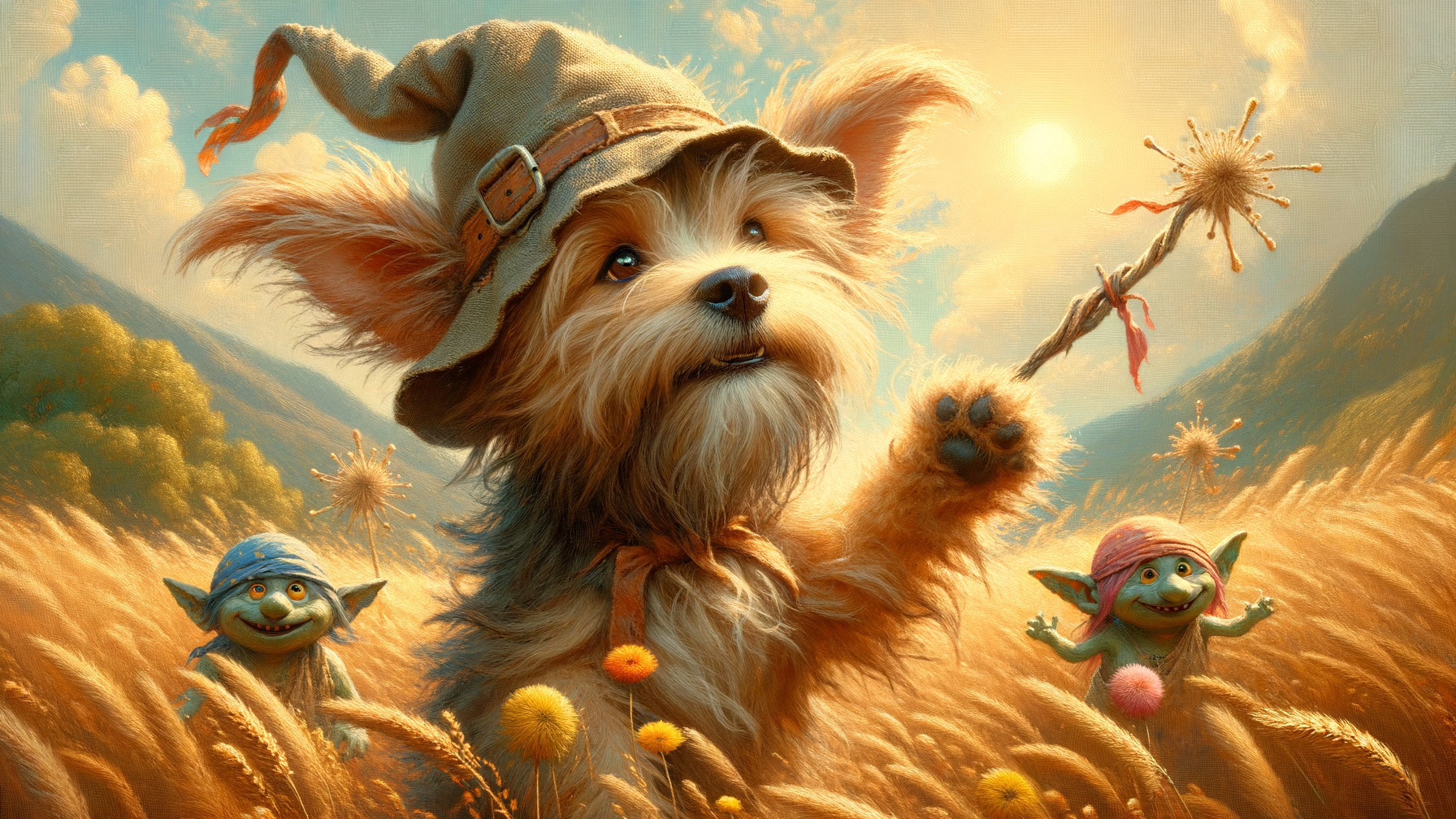 Whimsical Scene of a Dog and Goblins in a Field