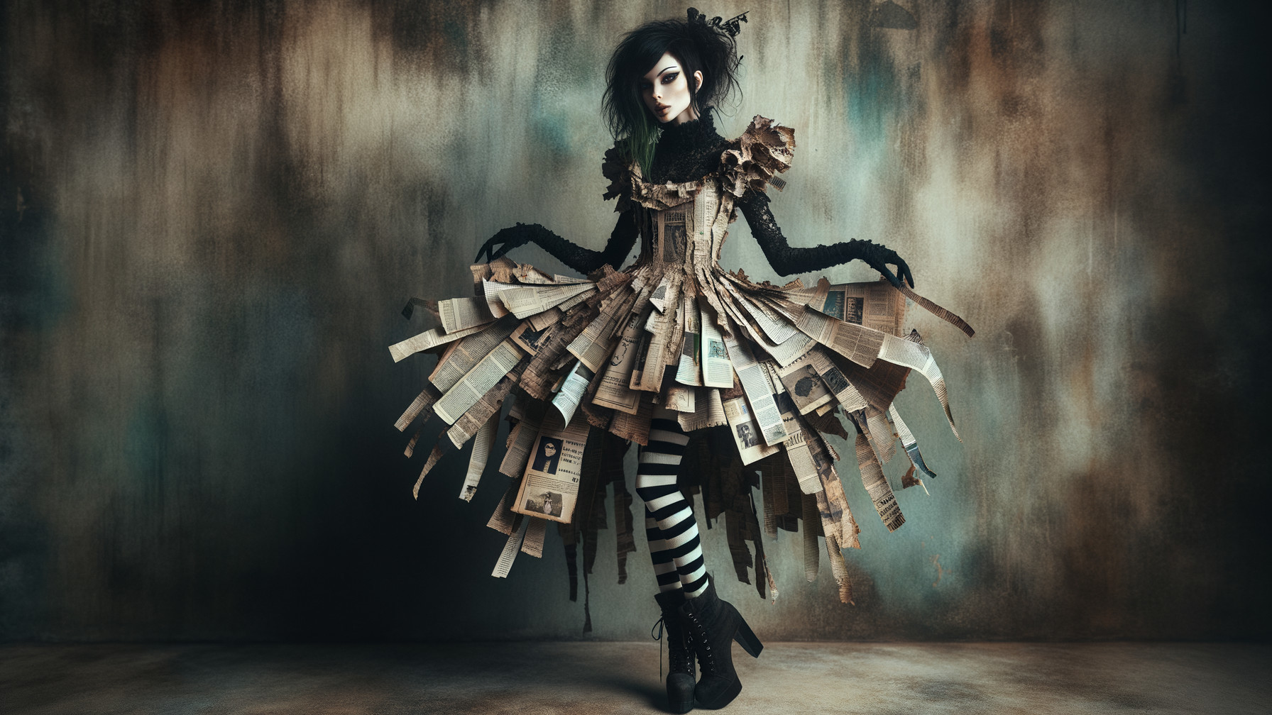 Unique Dress Made of Newspaper Cuttings in Dramatic Pose