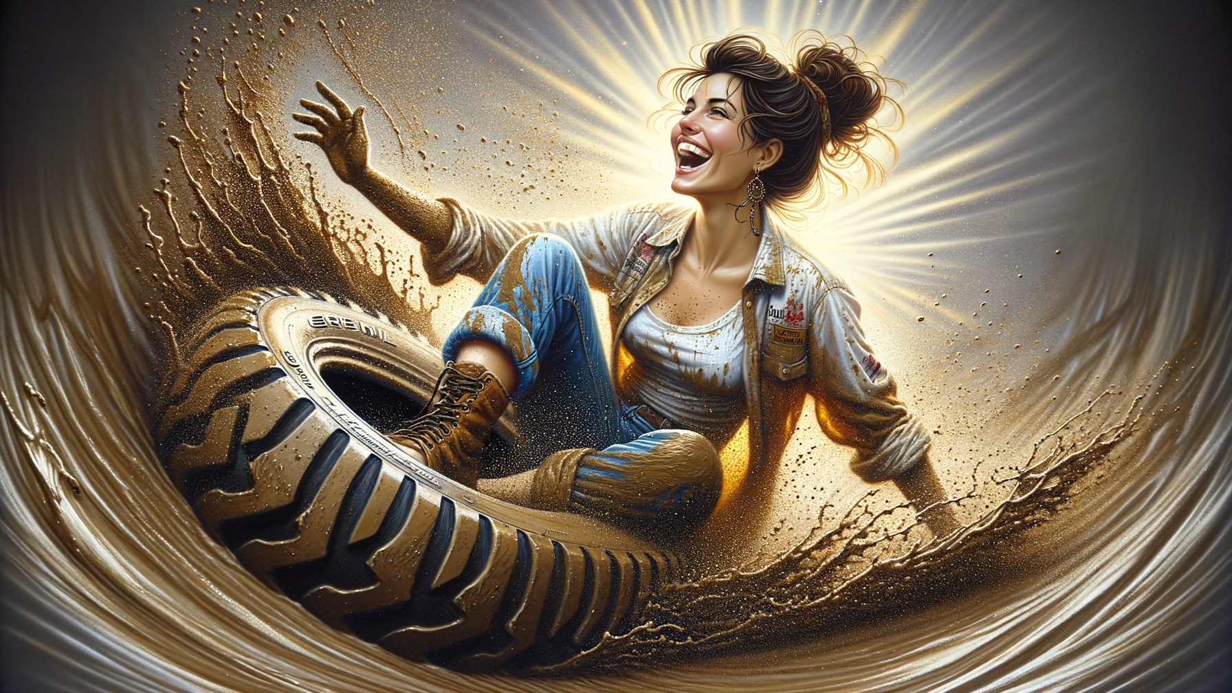 Woman sliding on a tire in a muddy setting