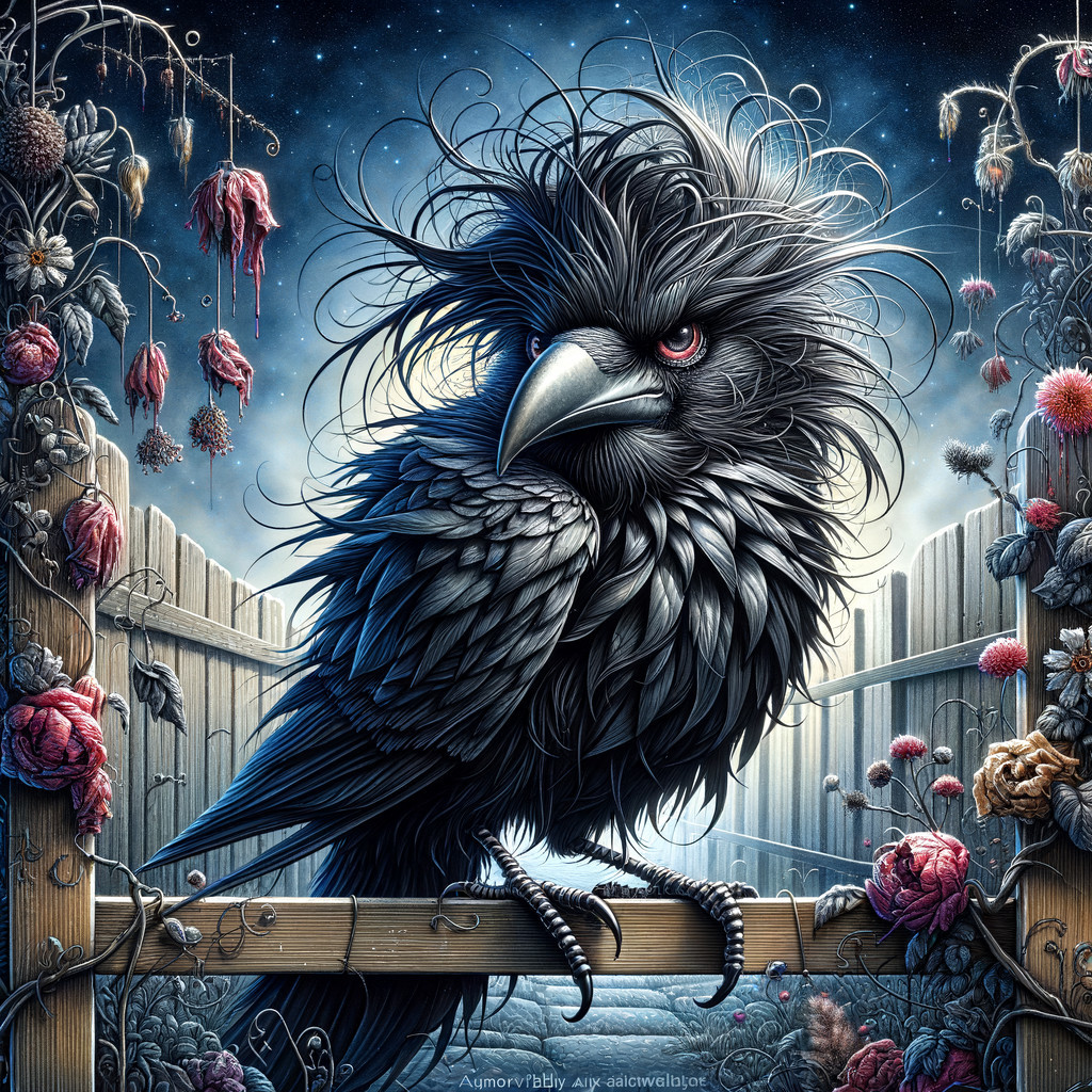 Black Raven on Wooden Fence with Twilight Background