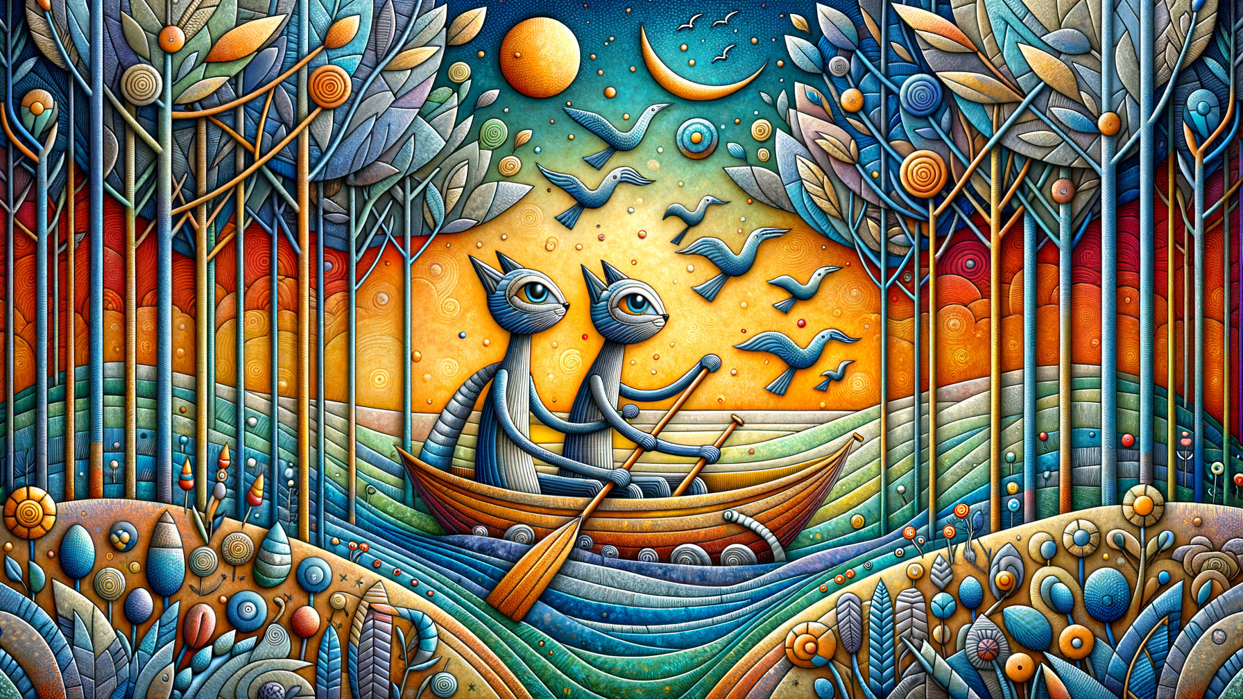 Whimsical Cat-Like Figures in a Surreal Landscape