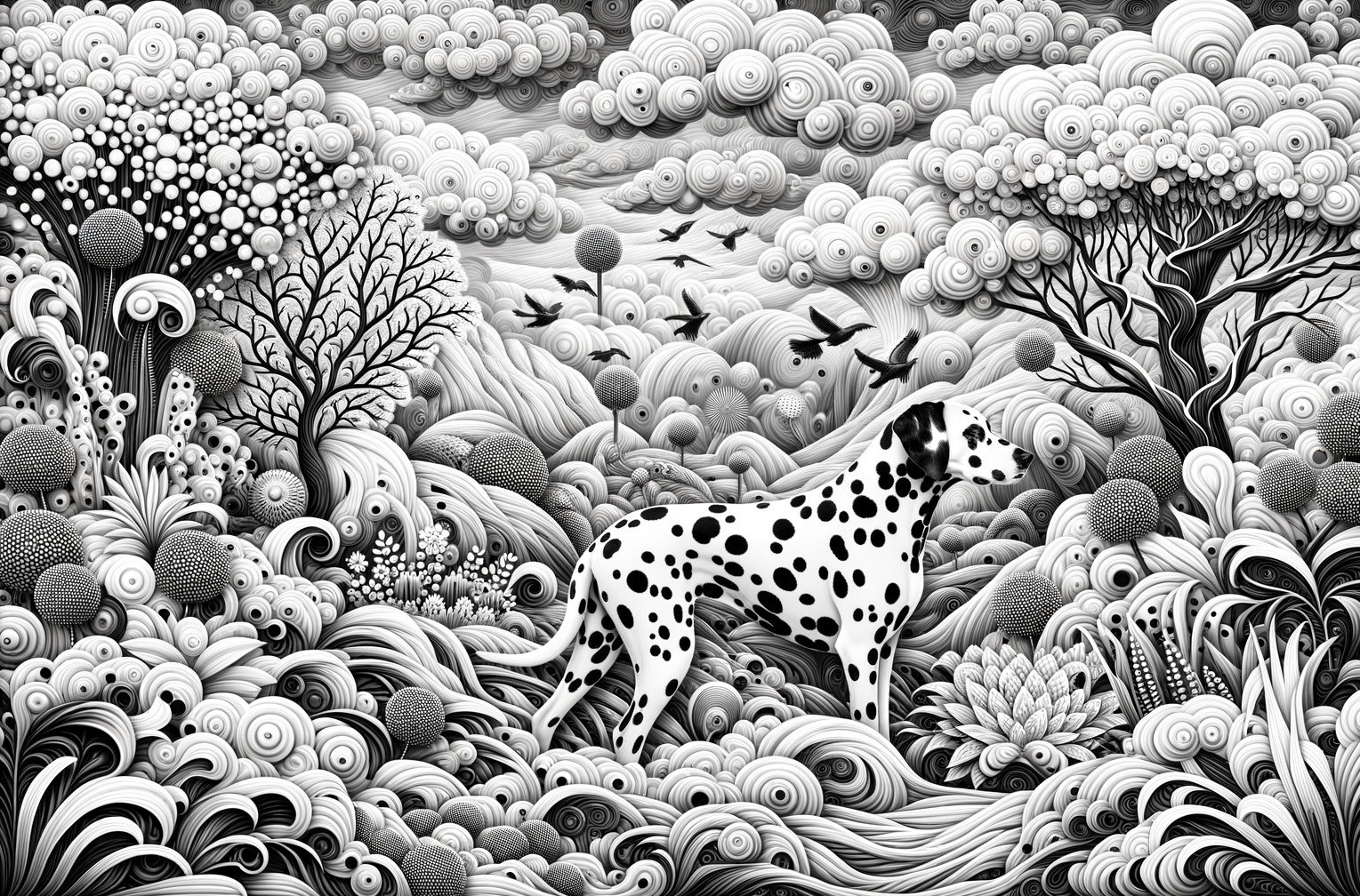 Stylized Black and White Landscape with Dalmatian