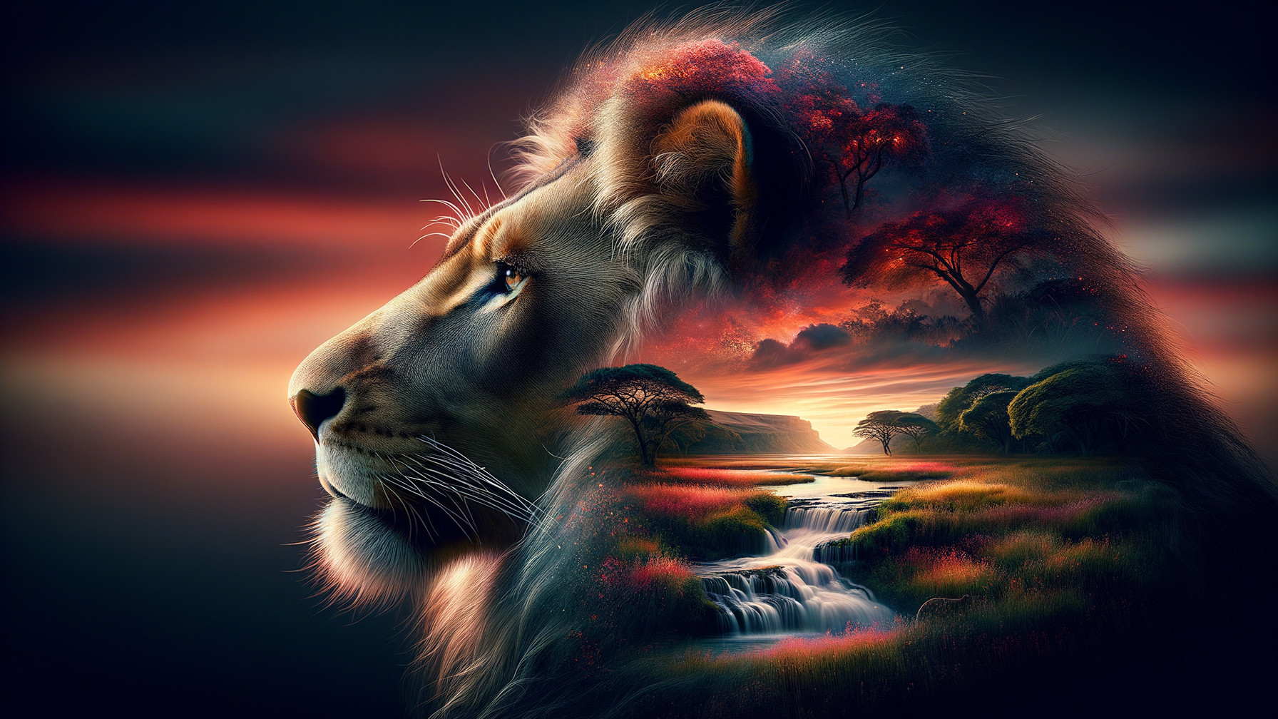 Lion Profile Blended with Vibrant Landscape Scene