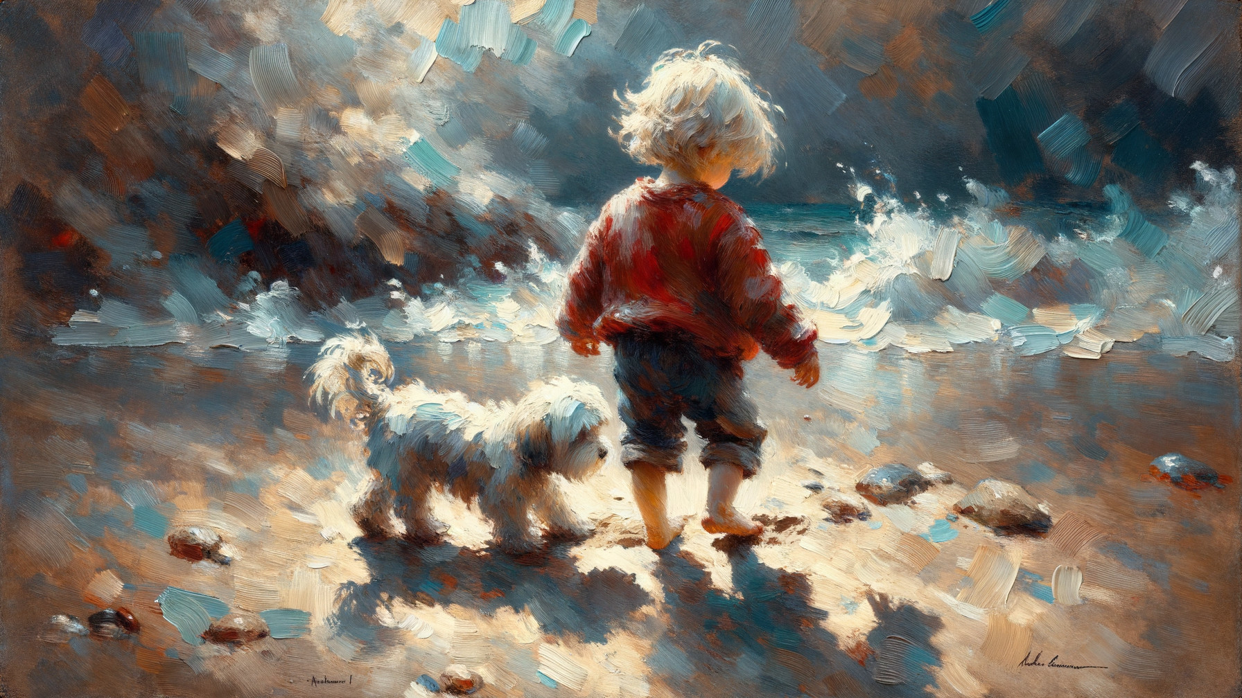 Child and Dog Walking on a Sunlit Beach