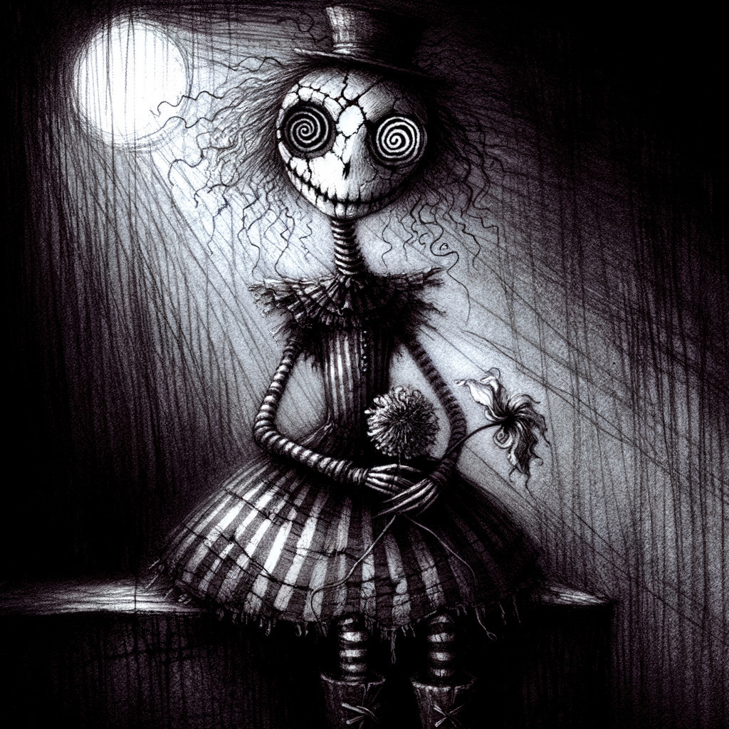 Whimsical Eerie Character with Spiraled Face and Moon