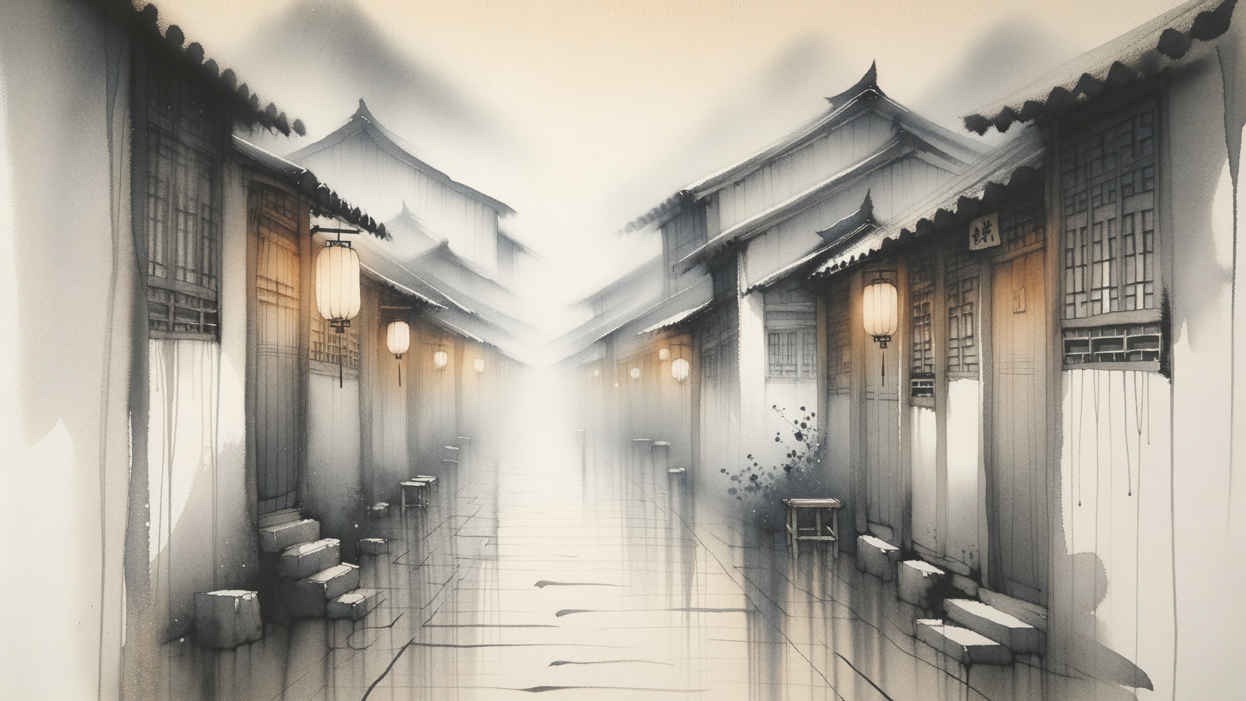 Misty Alleyway with Traditional Wooden Architecture