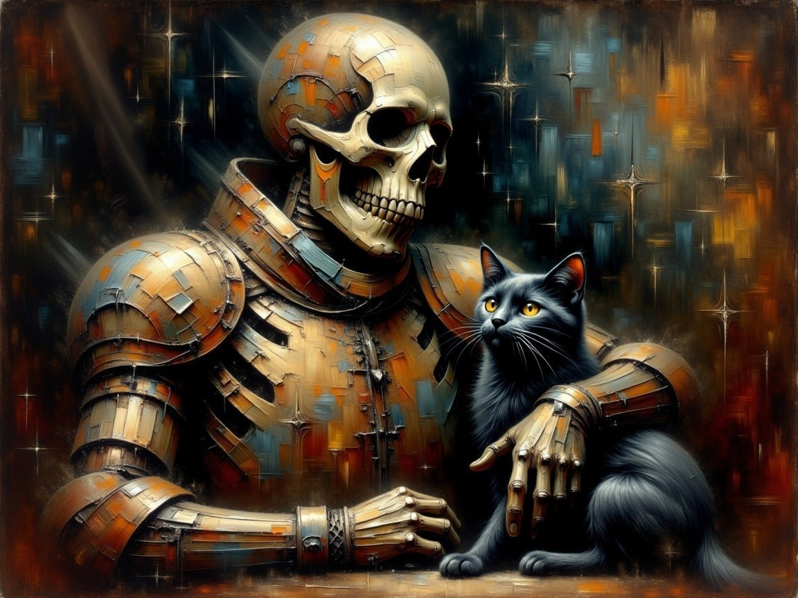 Skeletal Figure in Armor with Black Cat in Mystical Setting