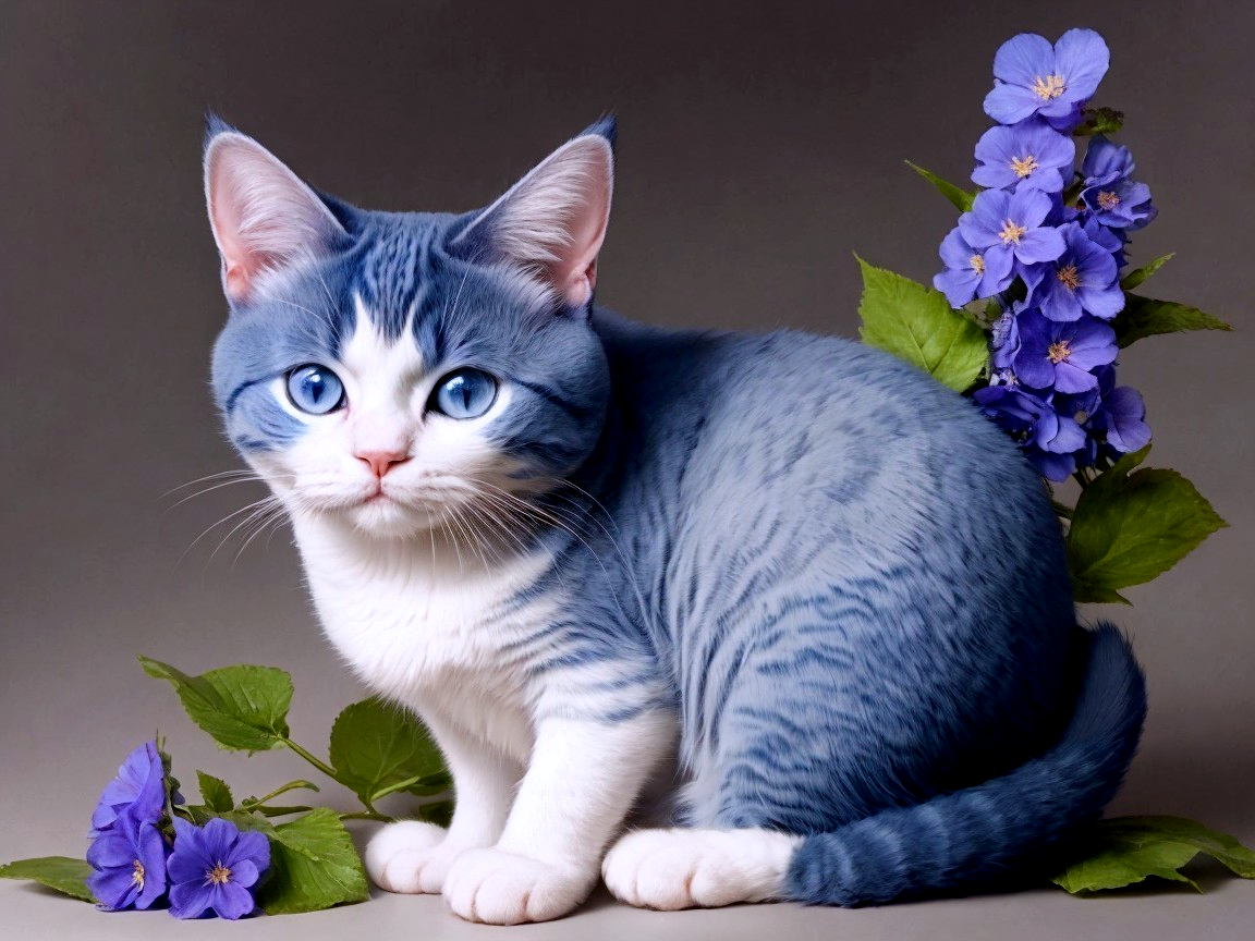 Charming Cat with Blue Eyes Amid Purple Flowers