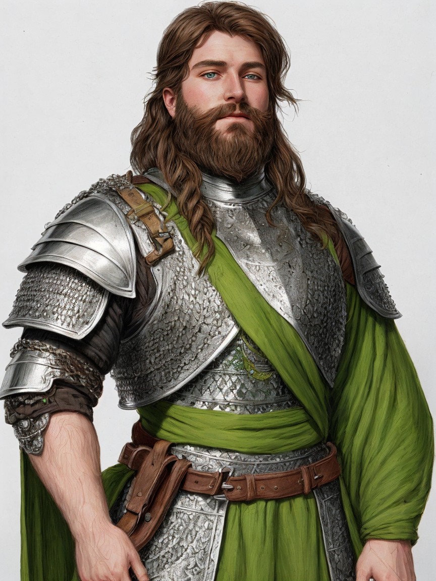 Bearded Warrior in Silver Armor with Green Cloak