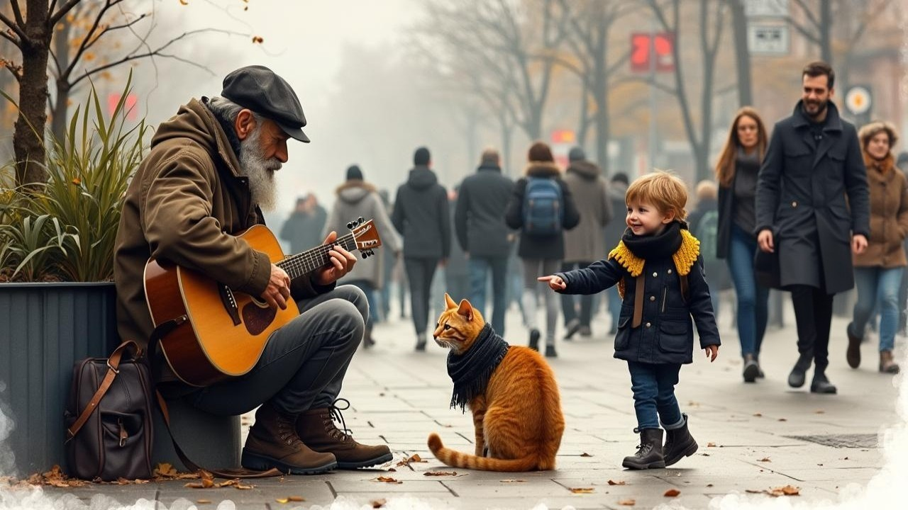 Elderly Man Playing Guitar with Cat and Child Nearby