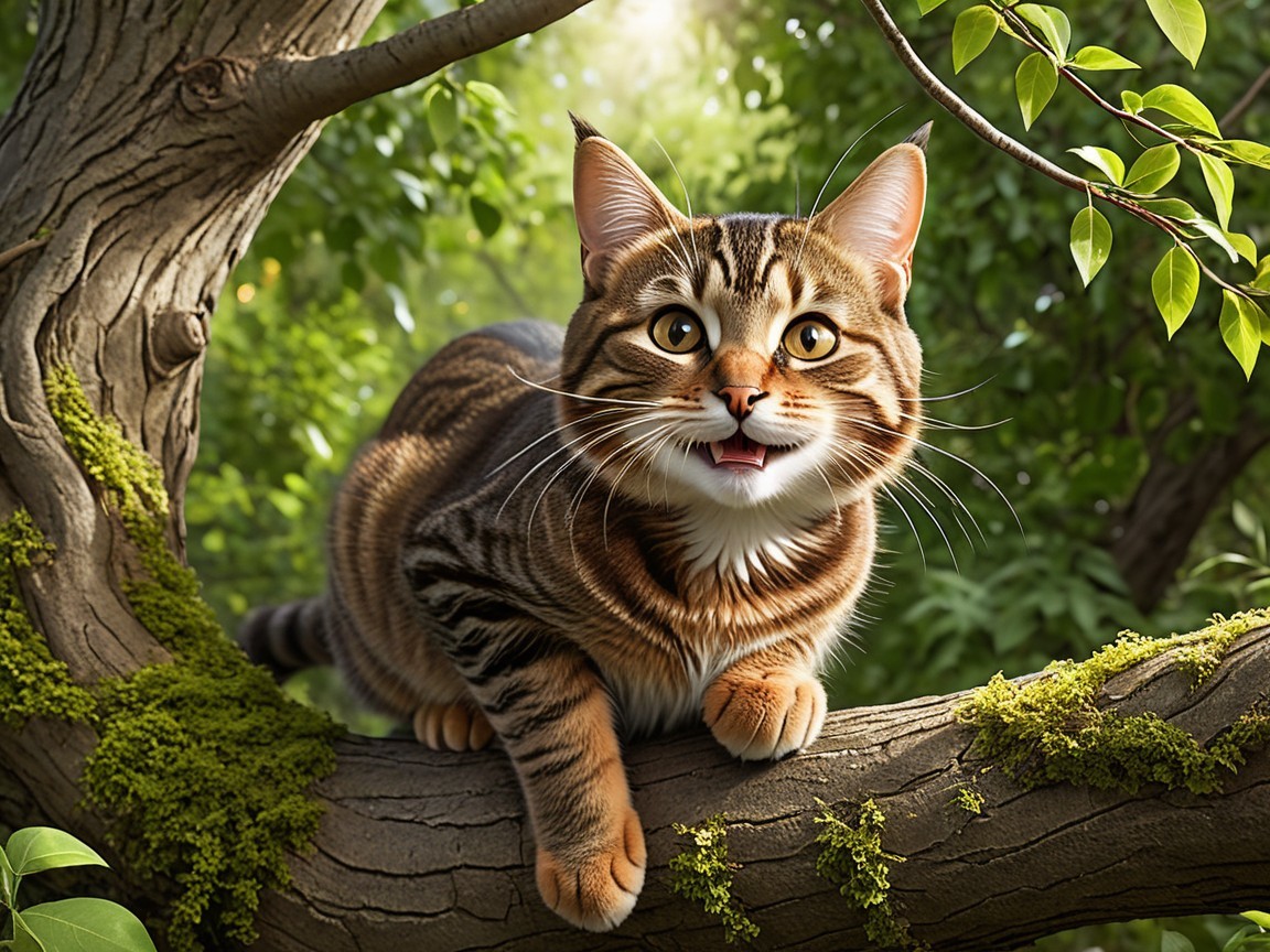 Playful tabby cat lounging on a tree branch