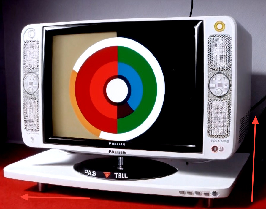 Classic Philips TV with test card on screen, white stand, red arrows
