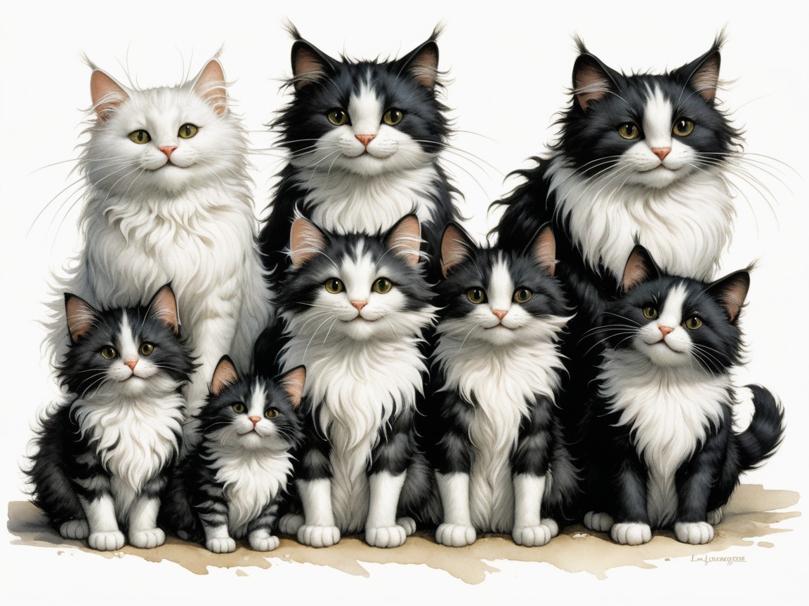 Nine Cats in Pyramid Formation with Fluffy Coats