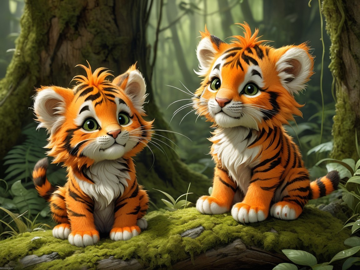 Cartoon Tiger Cubs on a Mossy Log in a Forest