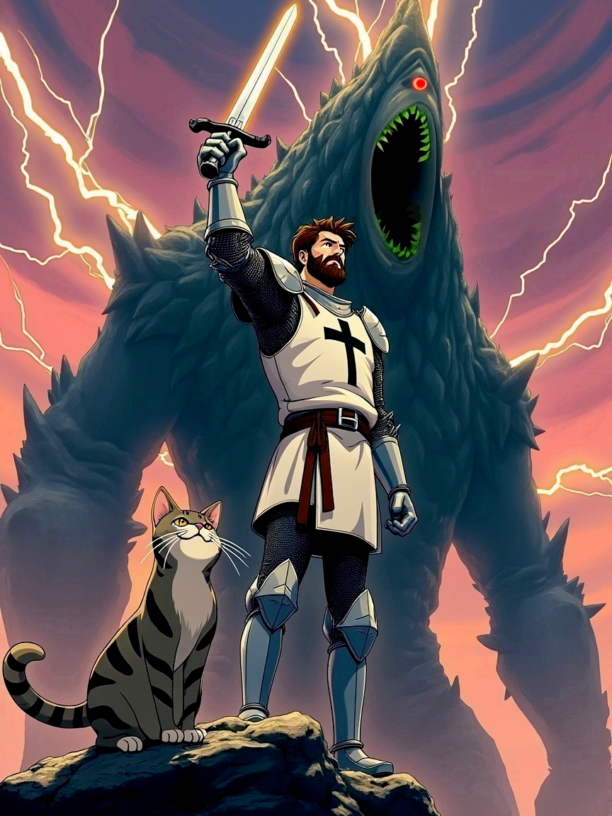Knight with Sword and Cat Facing Monstrous Creature