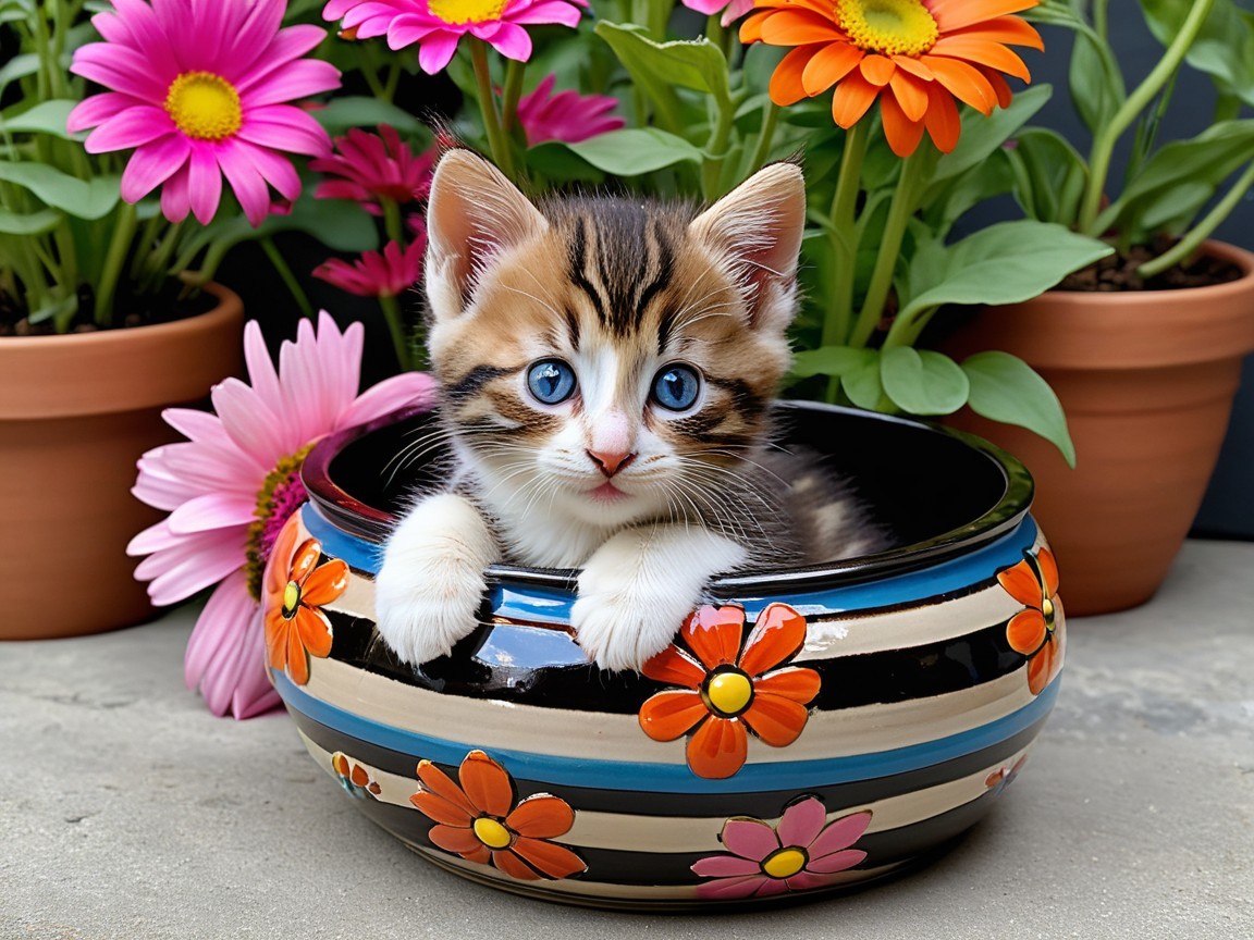 Playful Calico Kitten in Flower-Decorated Bowl