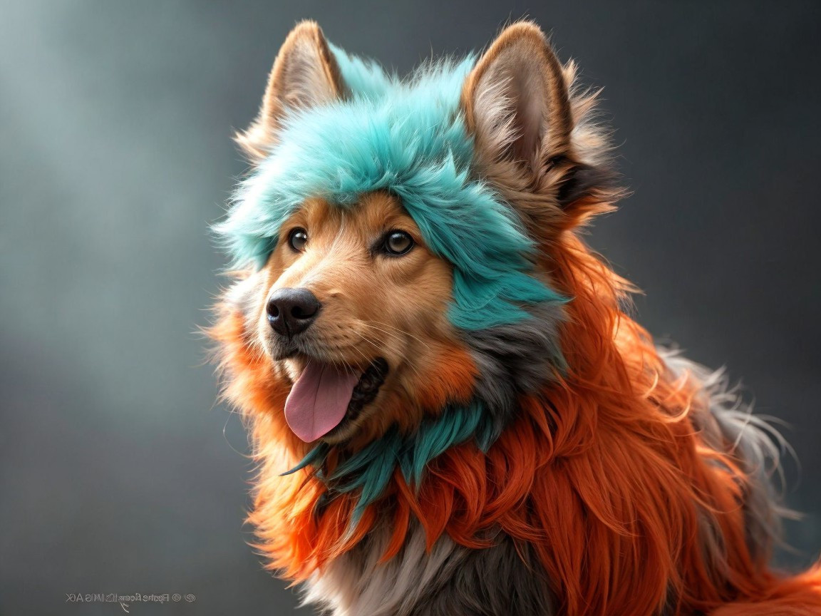 Fluffy Dog with Multicolored Teal and Orange Coat