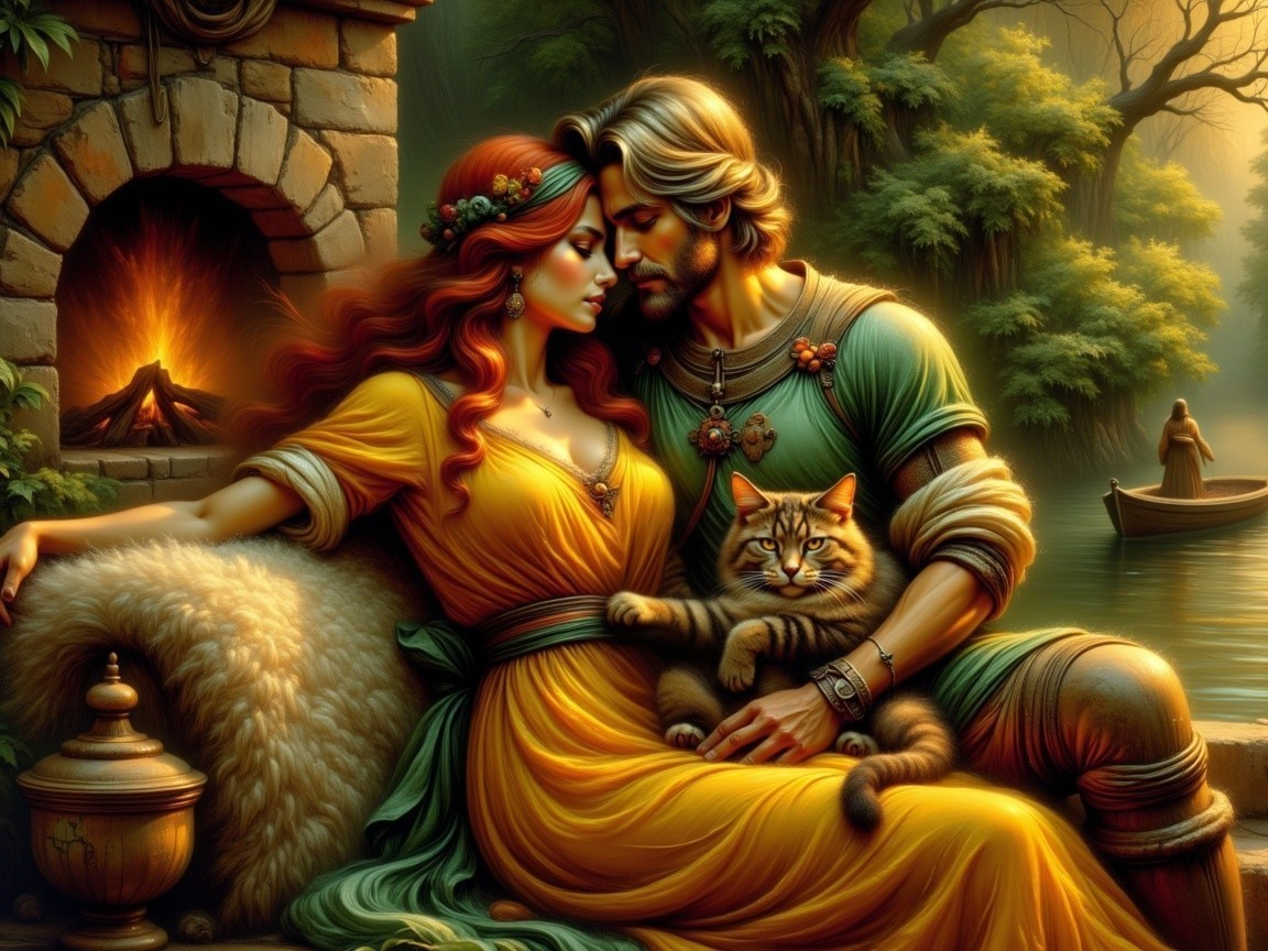 Couple by Riverbank with Cat in Romantic Setting