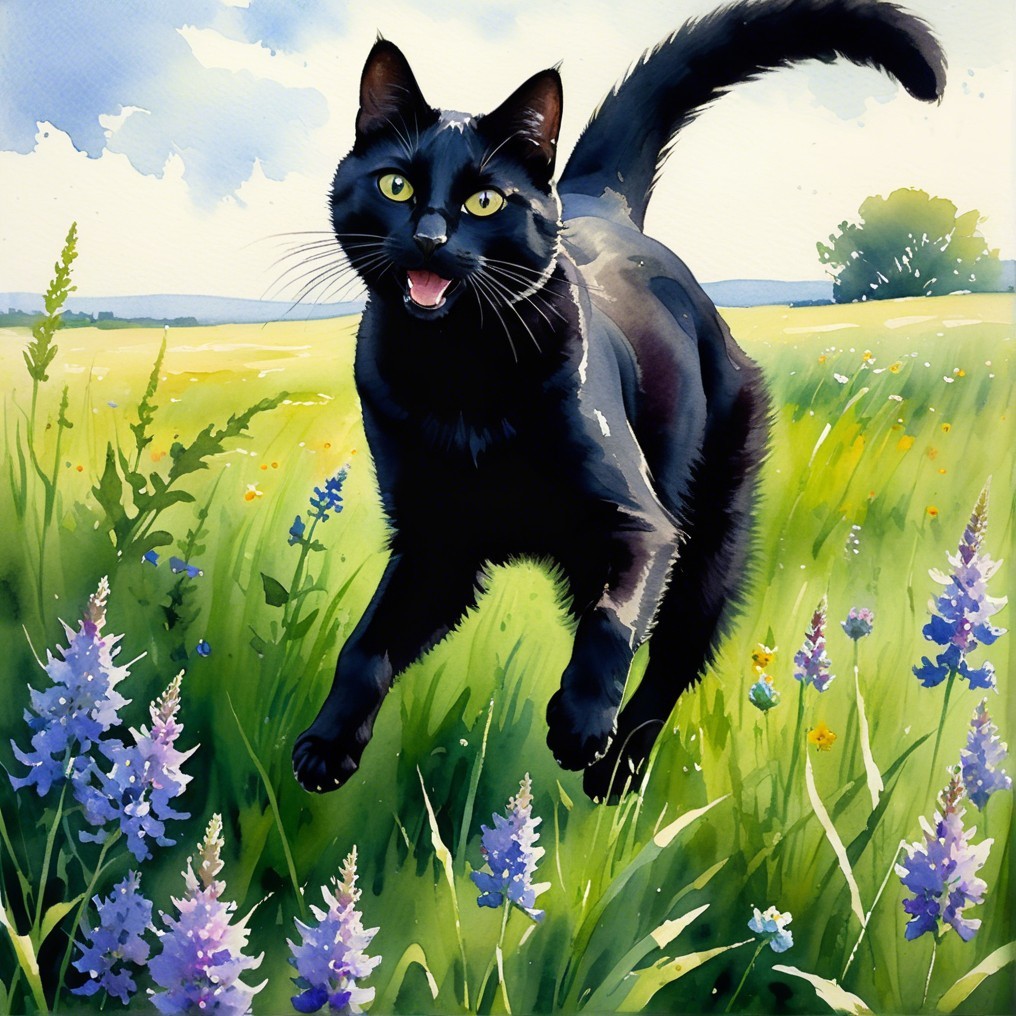 Watercolor Painting of Black Cat in Green Field
