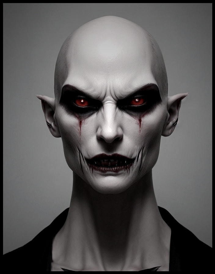 Ominous Figure with Pale Skin and Red Eyes