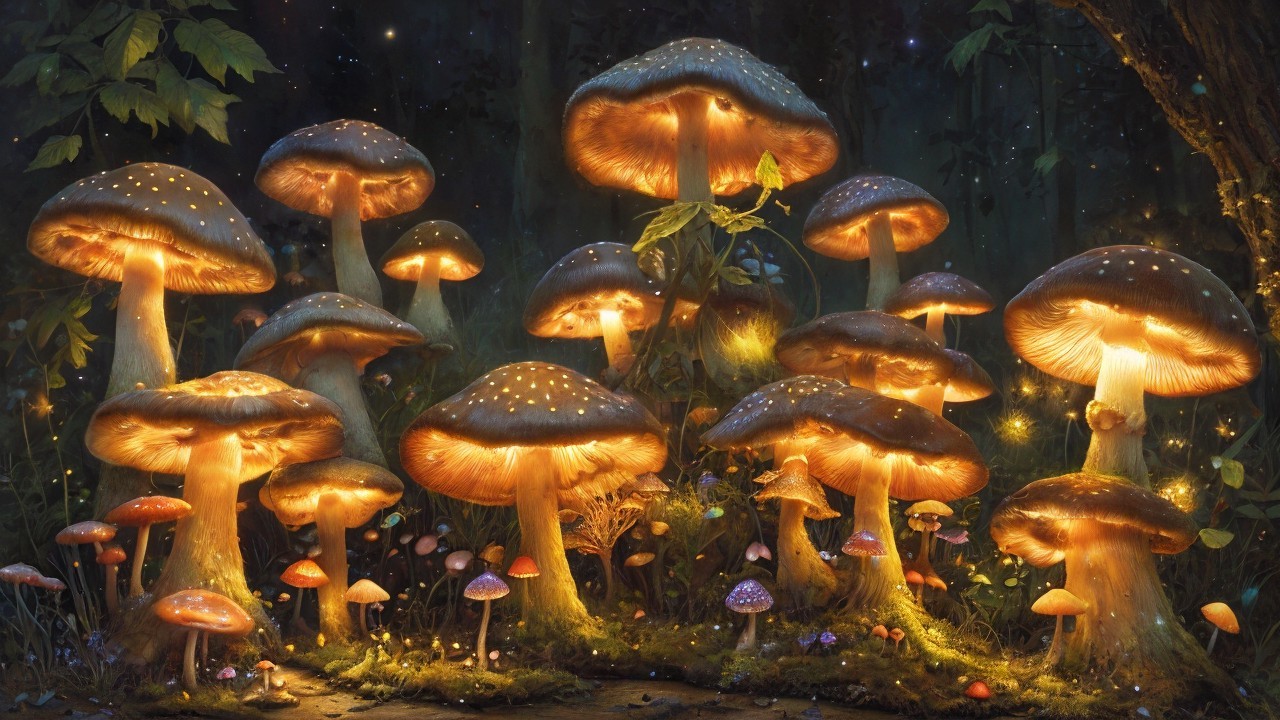 Bioluminescent Mushrooms in a Magical Forest Setting
